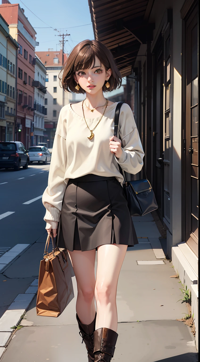 (8K, masterpiece, best quality, ultra-detailed:1.2), extremely detailed face,beautiful detailed eyes,beautiful detailed lips, film lighting, cinematic lighting, ray tracing, illustration, disheveled hair,
1girl, Brown hair, Short hair, White sweater, One word shoulder, Shoulder exposure, Brown skirt, Short boots, With a bag in his hand, Gold earrings, Gold necklace, Whole body, Street, Stand in front of a clothing store, Sunshine, Passersby,