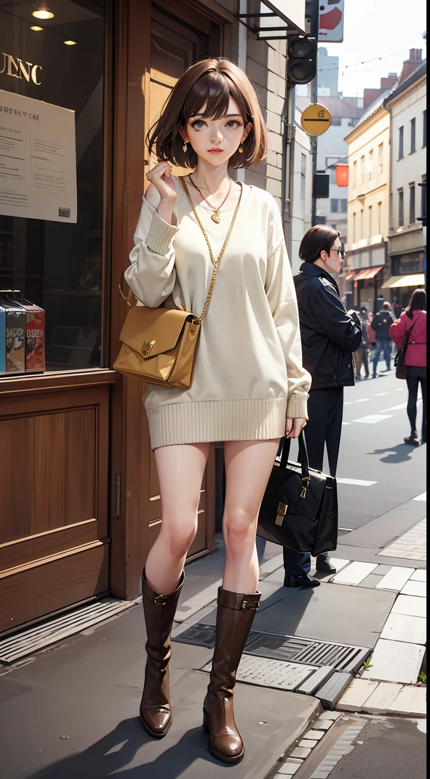 (8K, masterpiece, best quality, ultra-detailed:1.2), extremely detailed face,beautiful detailed eyes,beautiful detailed lips, film lighting, cinematic lighting, ray tracing, illustration, disheveled hair,
1girl, Brown hair, Short hair, White sweater, One word shoulder, Shoulder exposure, Brown skirt, Short boots, With a bag in his hand, Gold earrings, Gold necklace, Whole body, Street, Stand in front of a clothing store, Sunshine, Passersby,