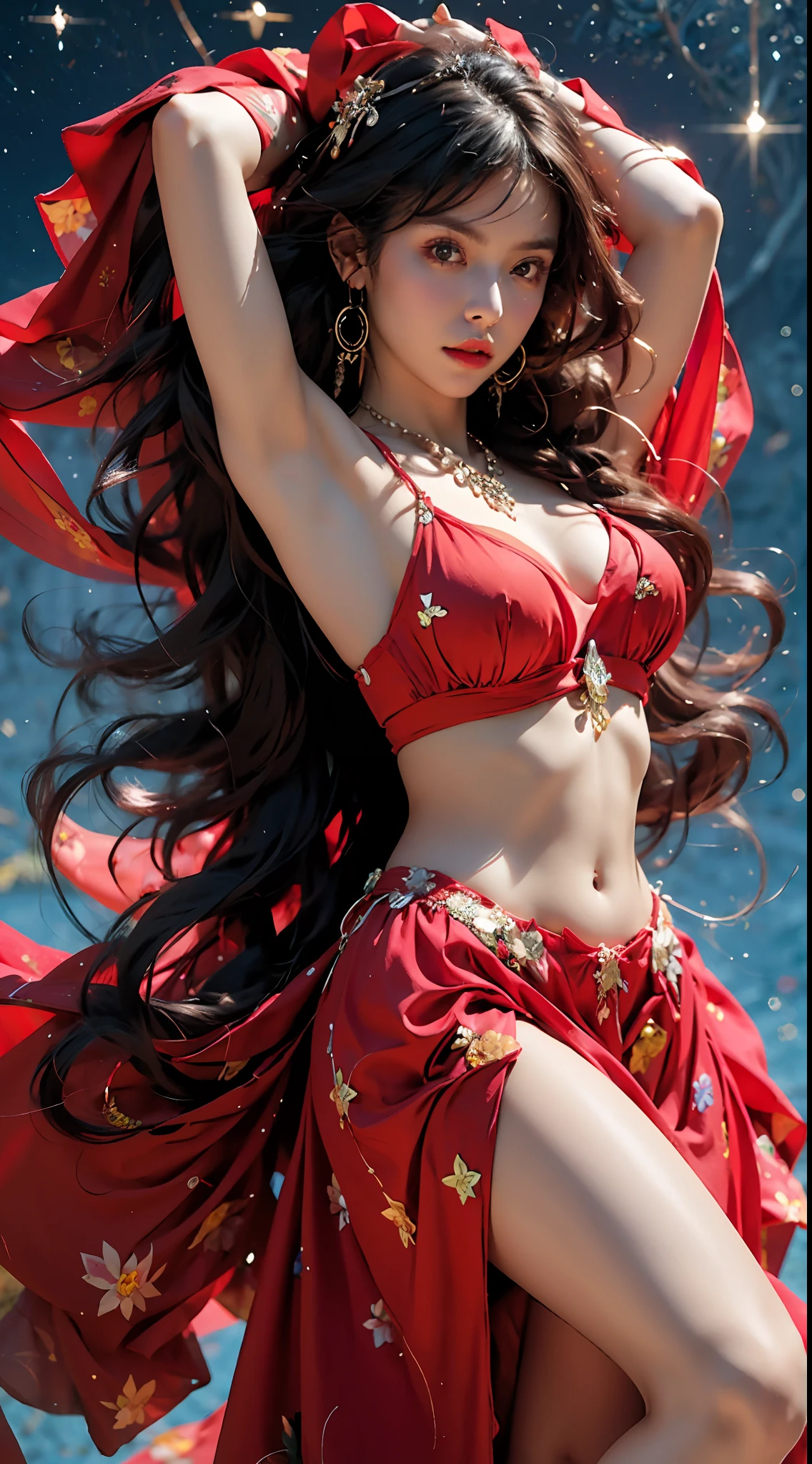 (Very detailed CG Unity 8k wallpaper, masterpiece, best quality, super detailed, beautiful details eyes: 1.2), best lighting, (best shadows, extremely delicate and beautiful, blooming), exotic_dance.1 girls, solo, (brown eyes, big eyes), (red gems), (red bra), (red long dress), collarbone, navel, long hair, earrings, necklace, black hair, belly, (red skirt), (huge hanging breasts: 1.2)), hair accessories, (Dancer, Dance Pose), Beads, Circles, Veil, Beautiful Facial Features, Starry Sky, Full Body, Intricate Decoration, Black Armor, Best Quality, Masterpiece, Upper Body Shot, Close Up Face, Looking at the Audience, Anime Face, 8K. Bright light, light and shadow texture, texture detail. Petals, flowers, flowers brewed