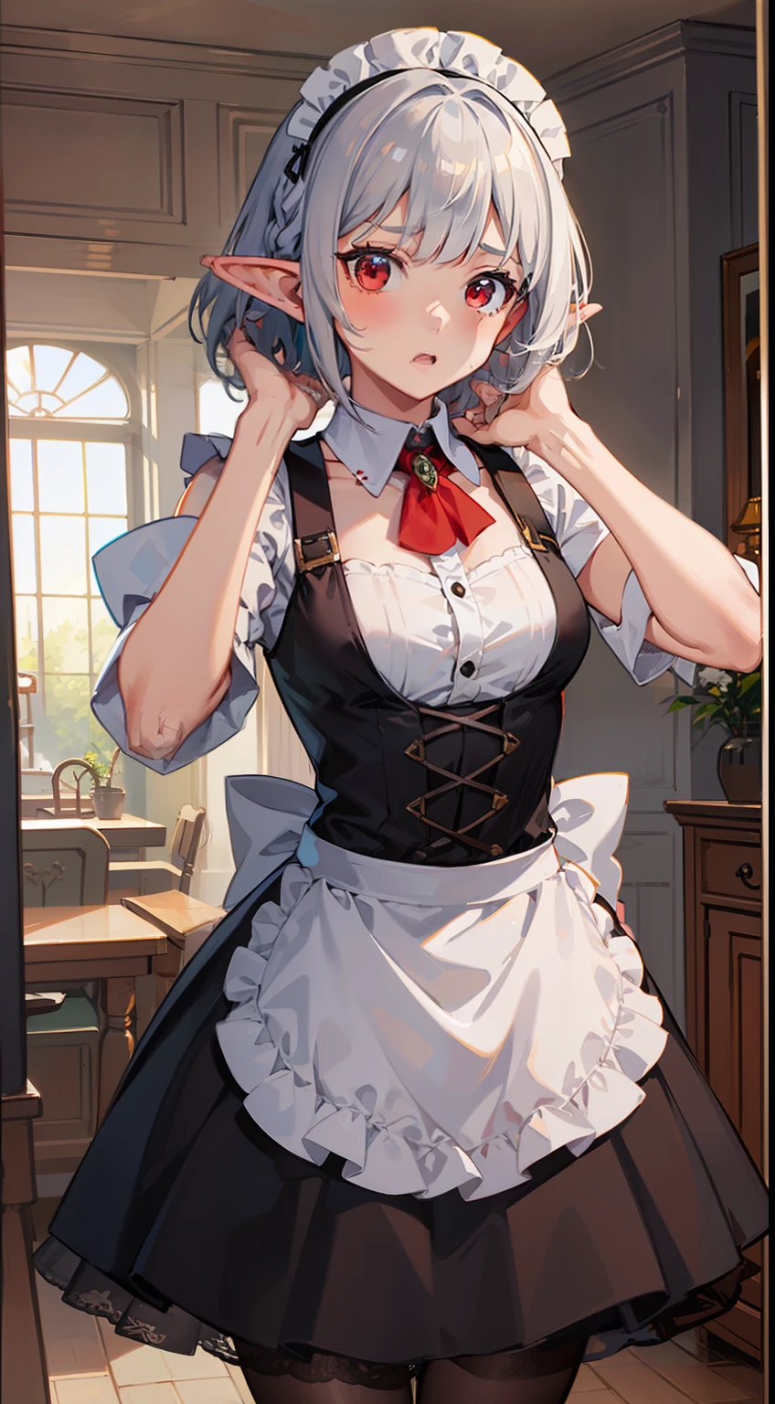 ((Put both hands on your face)), ((surprised)), (Red face), 1 girl, Elf, Silver hair, Red eyes, Braid hair, Bob cut, Maid, Maid clothes, Tights, Long skirt, Ruch, Indoors, Mirror, TS, Concept art, Beautiful anime scene, Beautiful anime scenery, Best quality, Masterpiece, 4K