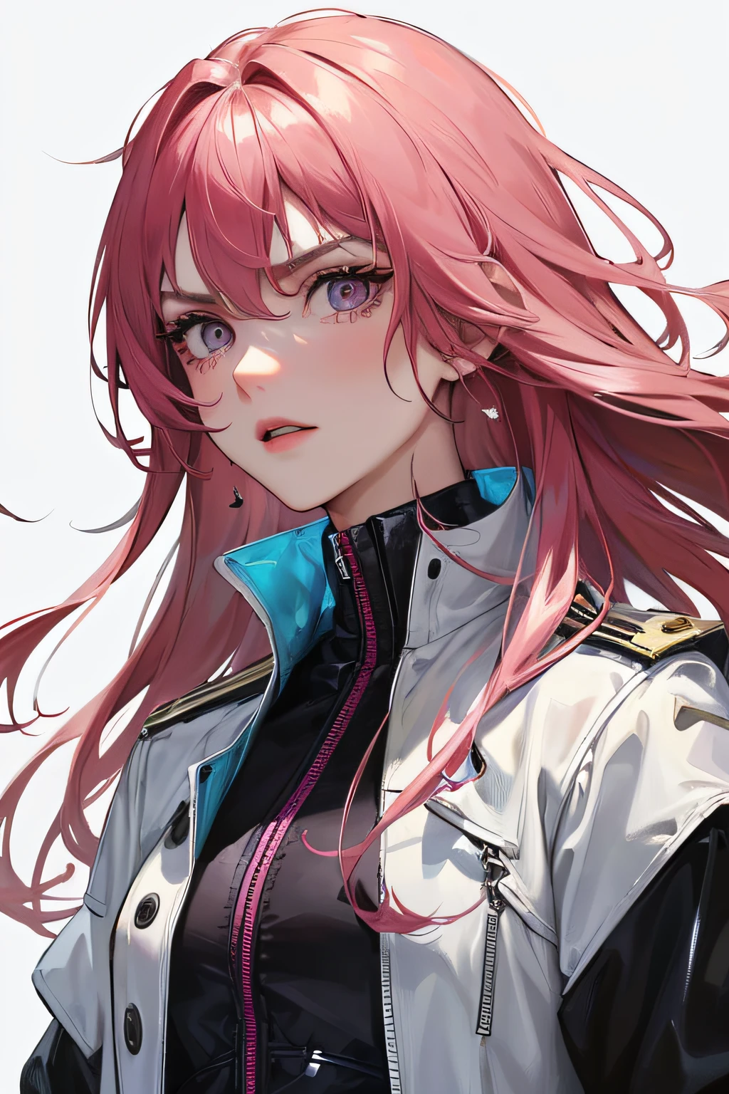 (highest resolution, distinct_image) best quality, feminine masterpiece, high detail, semi-realistic, (most body), long hair, bangs, 18 years old, young, black fit, pink-purple flight suit, stand up collar shirt, pointed face, (tan eyes, hair between the eyebrows), fluorescent long coat (broken glass), (pure white background), cold, serious, authoritative, powerful, (standing painting), (delicate facial features, exquisite facial features)