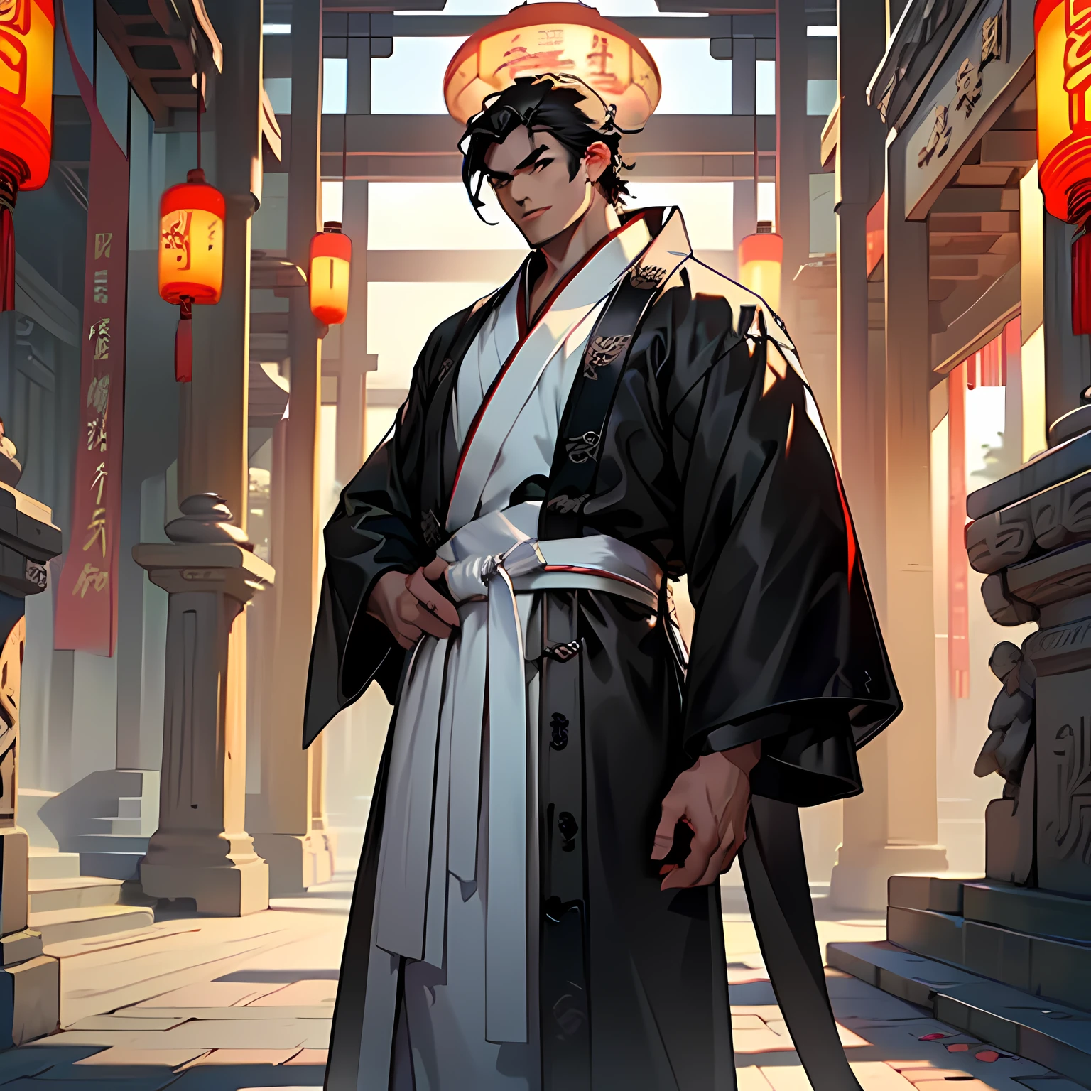 38. (1 person) ((((1boy))),(((aboy))).(((Black coat))),((Black Hanfu youth)),((white clothes)) , (((Black hair))), kingly air, gorgeous, handsome, outstanding temperamen, looks proud and speaks) (background: in the sacred, resplendent palace hall of ancient China).