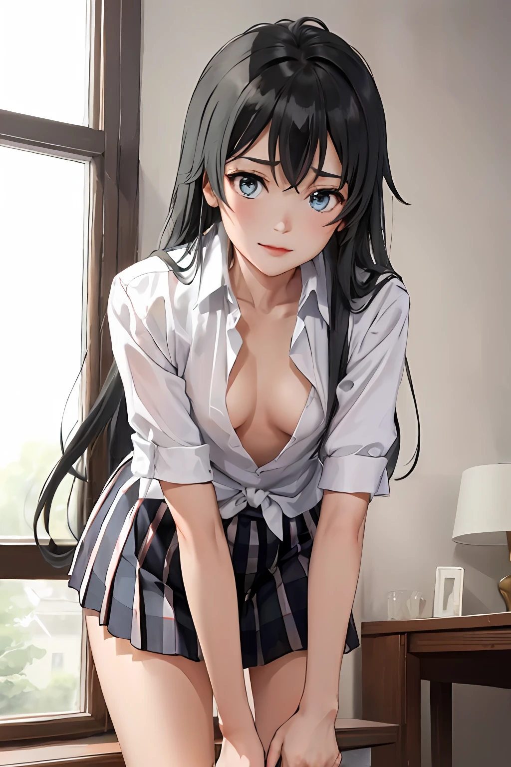 (masterpiece:1.2, best quality), 1girl, (make her yukino yukinoshita:1.5), smirk, slim, slender, green eyes, sharp eyes, small_breasts, flat_chest, leaning forward, facing viewer, from below, white shirt, pleated skirt, areola slip, down blouse, embarrassed, very long black hair, ^ ^, school