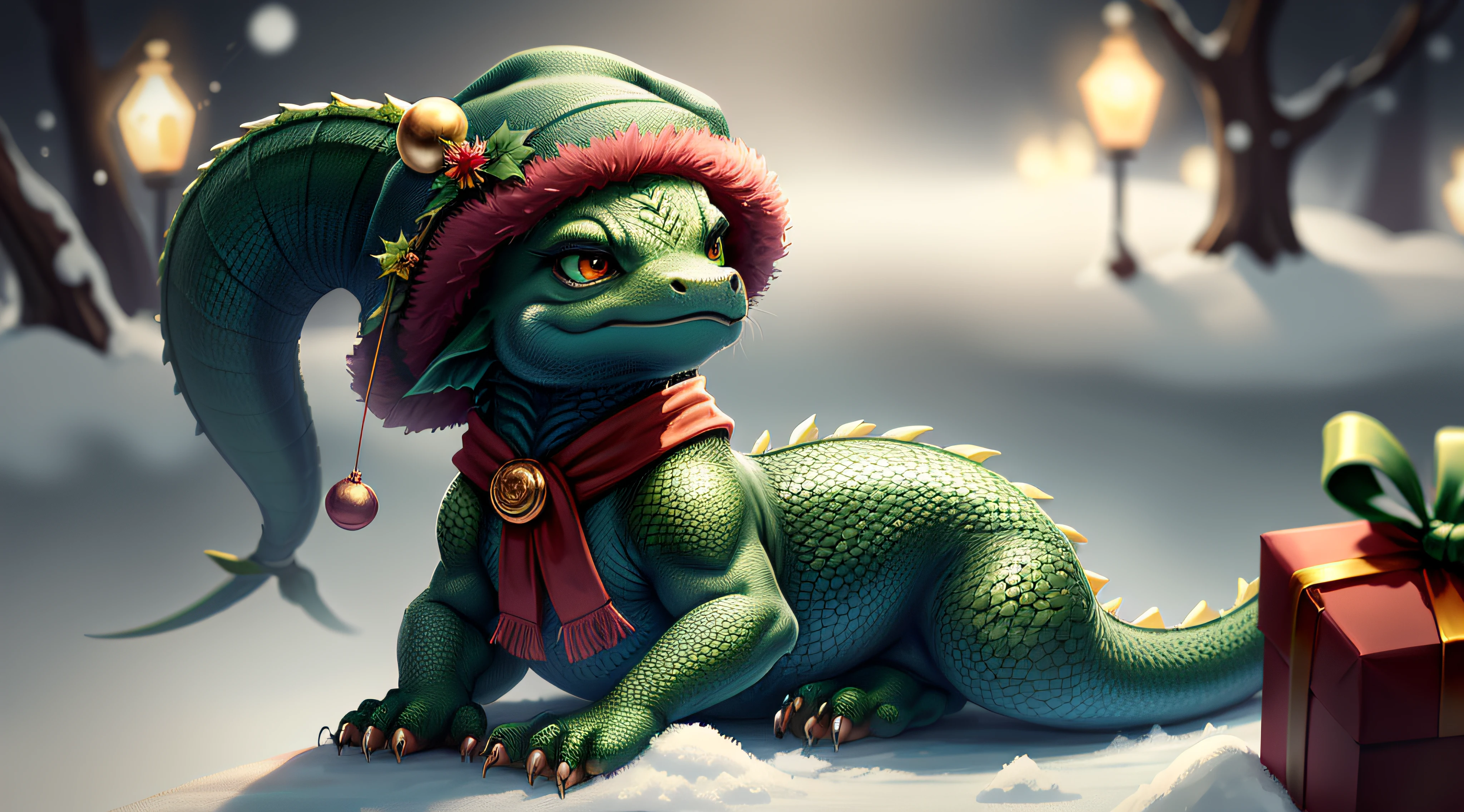 little Dragon, ((Green Dragon)), ((Scales)) , blur, Christmas tree, Snow, Winter, Christmas hat, (New Year), nature, no_humans, depth of field, to8contrast style, DARK_Glam dressed in a Christmas hat, deep shadows, (dark: 1.4), (8k, RAW photo, best quality, masterpiece: 1.2)