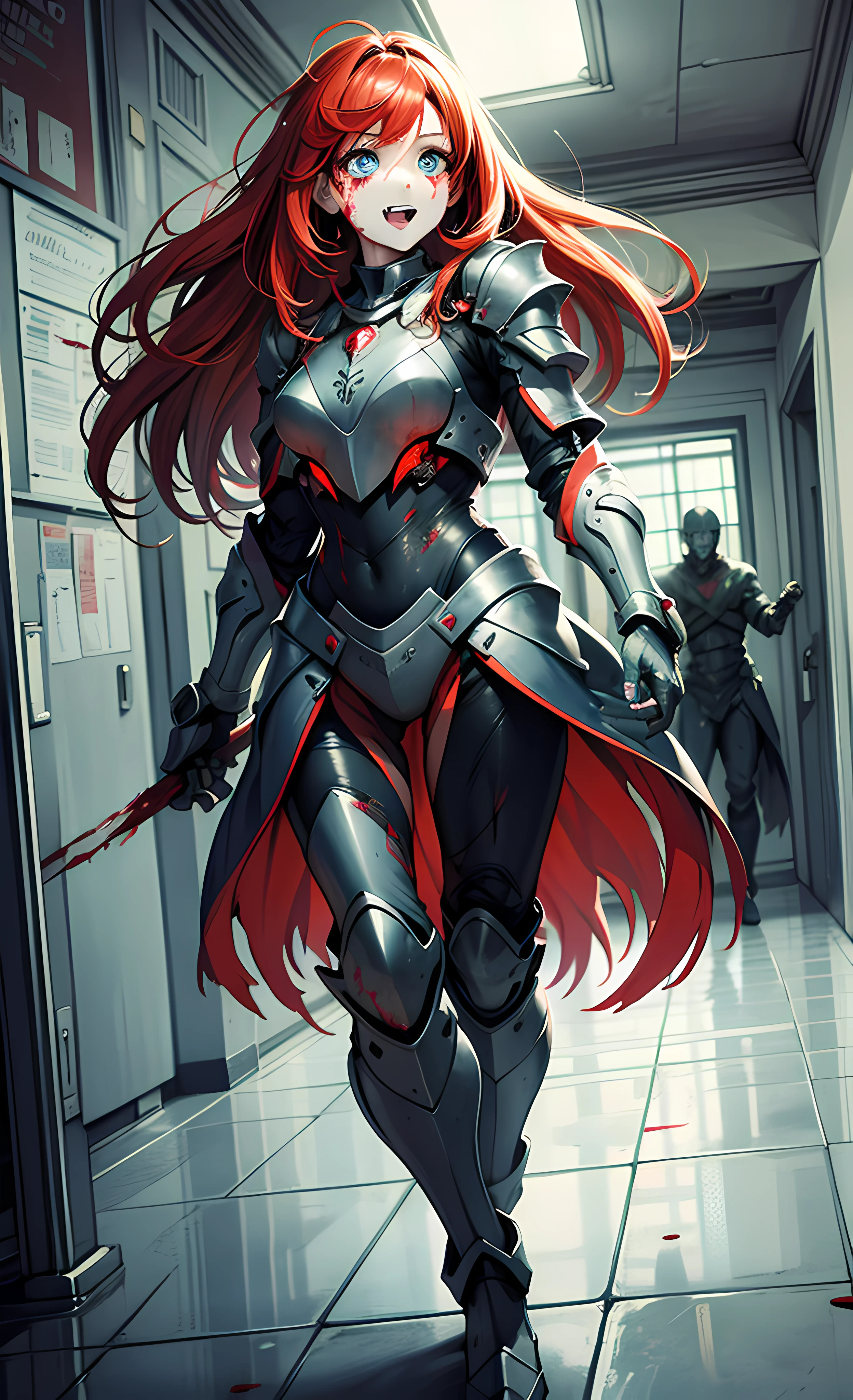 (Masterpiece), (wearing biofusion armor), super detailed facial expressions, ultra-clear face like crystal version of beautiful eyes, holding a laser giant axe, best quality, 1 girl, pale skin, red hair, crazy laughter, sticking out tongue, messy hair, sky blue eyes, glowing eyes, creepy, crazy expression, blood on face, blood on clothes, walking, falling, hanging arm, loose arm, mental hospital, corridor, darkness, lighting, creepy, scary, Flickering lights, blood, horror, dim light, behind you are slain monsters
