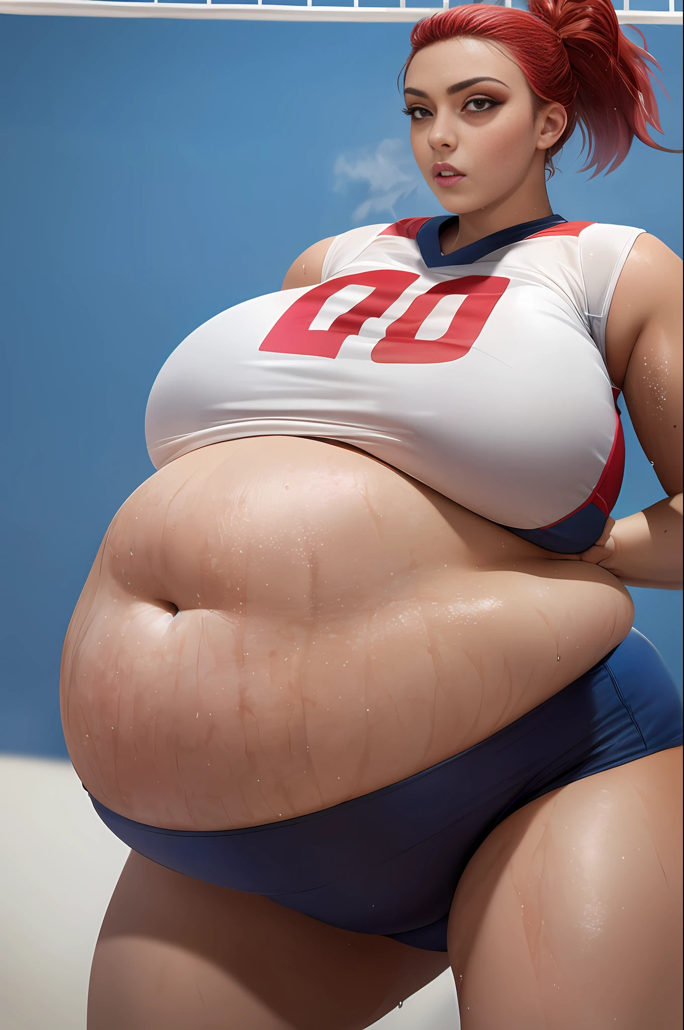 masterpiece:1.2, best quality), realistic, (real picture, intricate details, depth of field), (1girl, solo), make up, parted lips, highly-detailed, perfect face,
(huge breasts:1.4), (skindentation), thick thighs, wide hips, small waist, tall, glossy coral lips,
red hairs, red eyes, ponytail,
(A girl playing volleyball, white volleyball uniform), (sweating:1.2), (wet), sexy, blushing, (massive belly:1.7), fat, plump