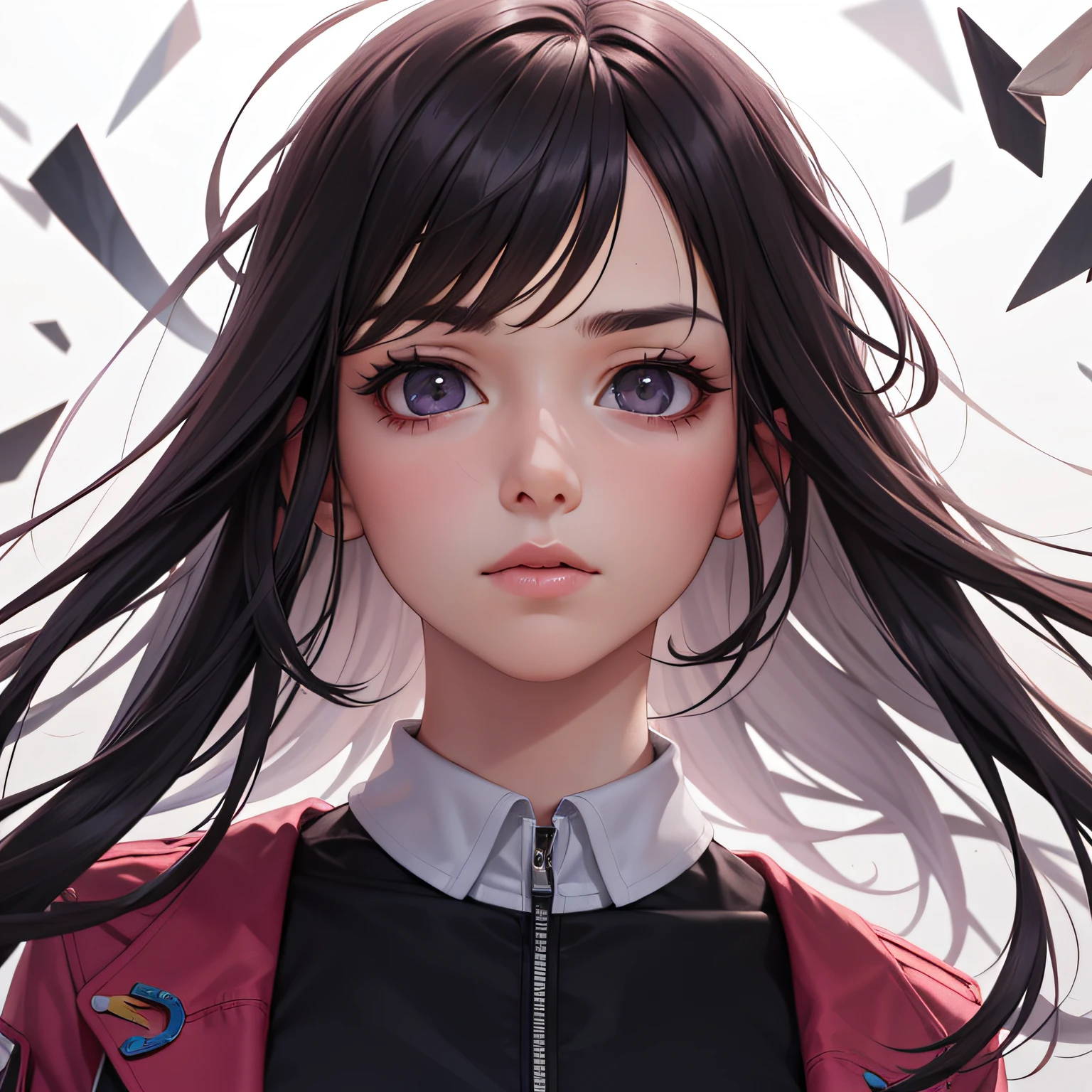(highest resolution, distinct_image) best quality, feminine masterpiece, high detail, semi-realistic, (most body), long hair, bangs, 18 years old, young, black fit, pink-purple flight suit, stand up collar shirt, pointed face, (tan eyes, hair between the eyebrows), fluorescent long coat (broken glass), (pure white background), cold, serious, authoritative, powerful, (standing painting), (delicate facial features, exquisite facial features)