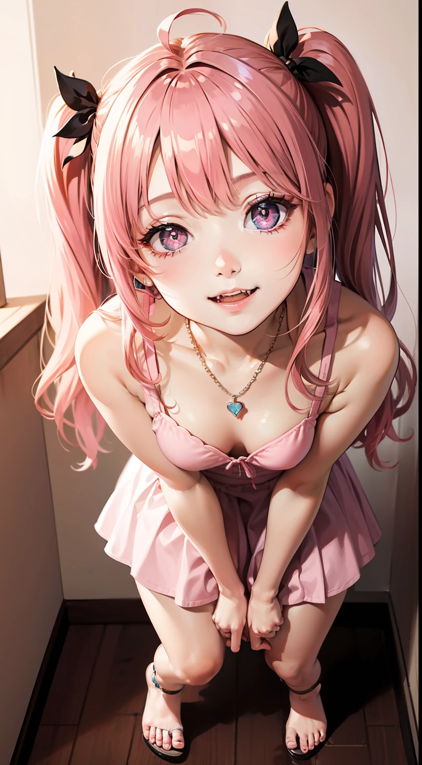 (masterpiece, high quality, highres,Highest picture quality), (Master's work),(pink theme :1.3),indoors,simple background,blurry background,warm light,heart, [(white background:1.2)::5],(from above:1.05),full body, 
(1loi:1.1),mesugaki,solo,collarbone, necklace,ornament,(blush:0.6), (heart ahoge:0.9),teasing, (makeup:0.5), small breasts, (head tilt:0.75),twintails,
bare shoulders, shiny skin, shiny hair,long hair, smile, fangs,light smile, upskirt, naughty face,(heart-shaped pupils,bright pupils:1.1),