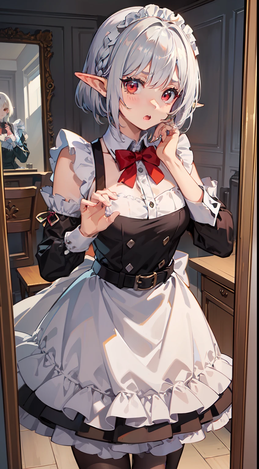 ((Put both hands on your face)), ((surprised)), (Red face), 1 girl, Elf, Silver hair, Red eyes, Braid hair, Bob cut, Maid, Maid clothes, Tights, Long skirt, Ruch, Indoors, Mirror, TS, Concept art, Beautiful anime scene, Beautiful anime scenery, Best quality, Masterpiece, 4K