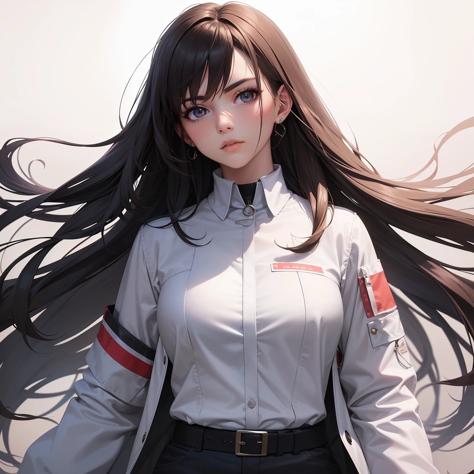 (highest resolution, distinct_image) best quality, feminine masterpiece, high detail, semi-realistic, (most body), long hair, bangs, 18 years old, young, black fit, pink-purple flight suit, stand up collar shirt, pointed face, (tan eyes, hair between the eyebrows), fluorescent long coat (broken glass), (pure white background), cold, serious, authoritative, powerful, (standing painting), (delicate facial features, exquisite facial features)
