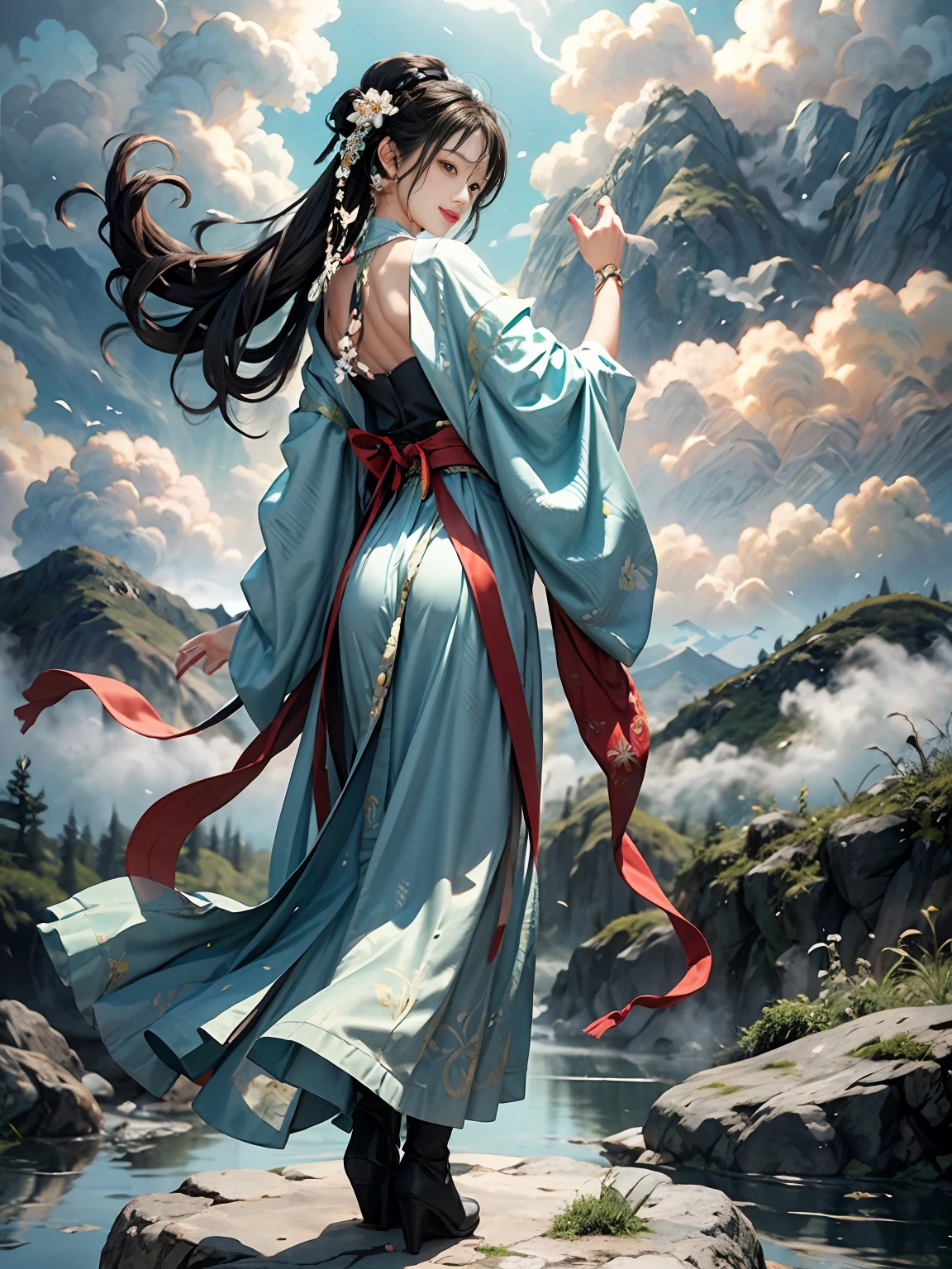 Masterpiece, top quality, ancient
Art,Official Art,Aesthetics,
1girl, (Full body: 1.2),Solo, Hanfu, Dynamic posture,Sheer cloth,(Hana-hana:1.2),Jewelry,Japan person,smile,long_hair in the clouds,White smoke,Mist,Cyan mountain,Light smile,Shy,(Back arm:1.8), Back finger,Look at the viewer, elegant,