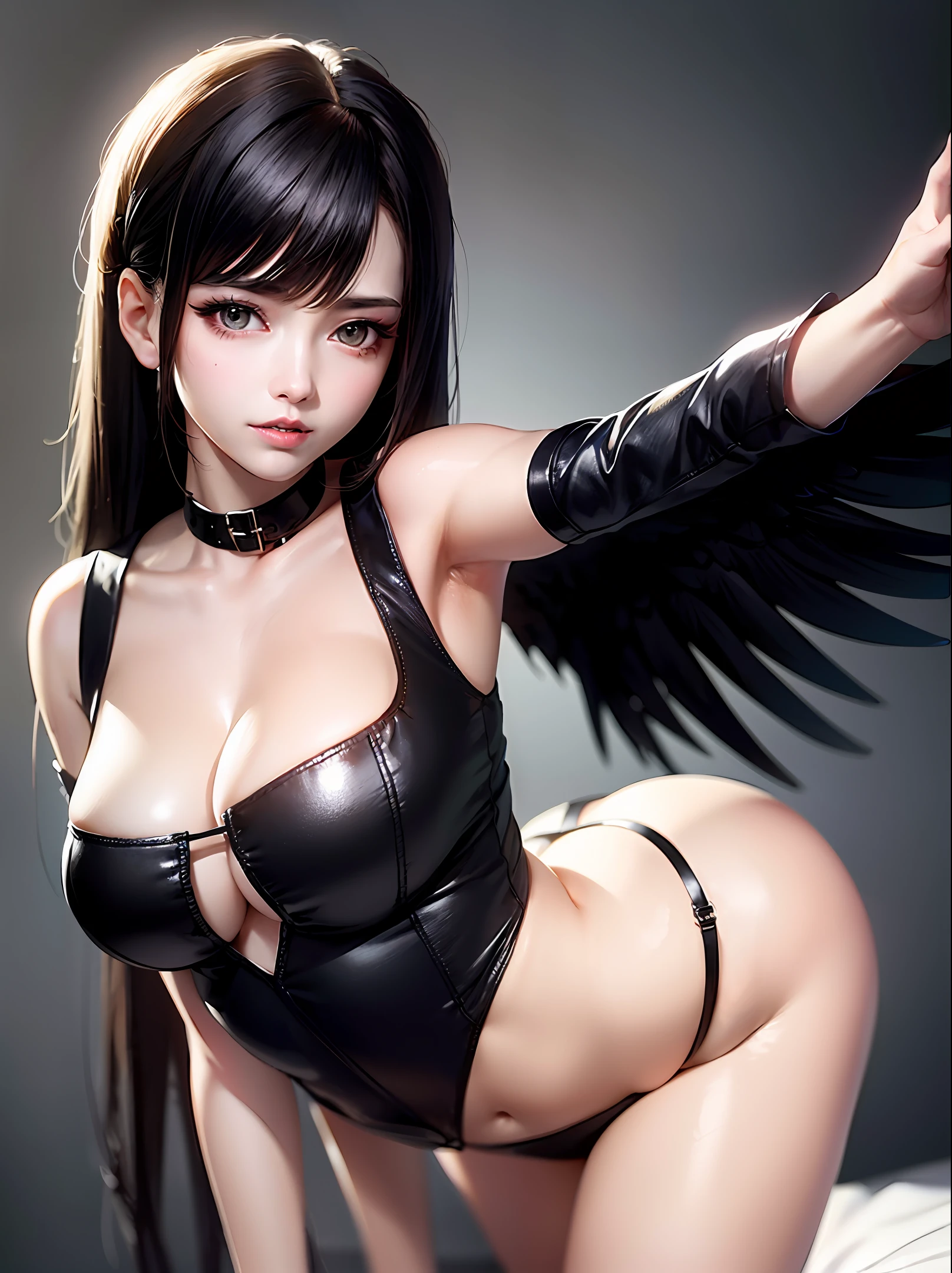 A sexy girl with black wings and dark energy around with red eyes
