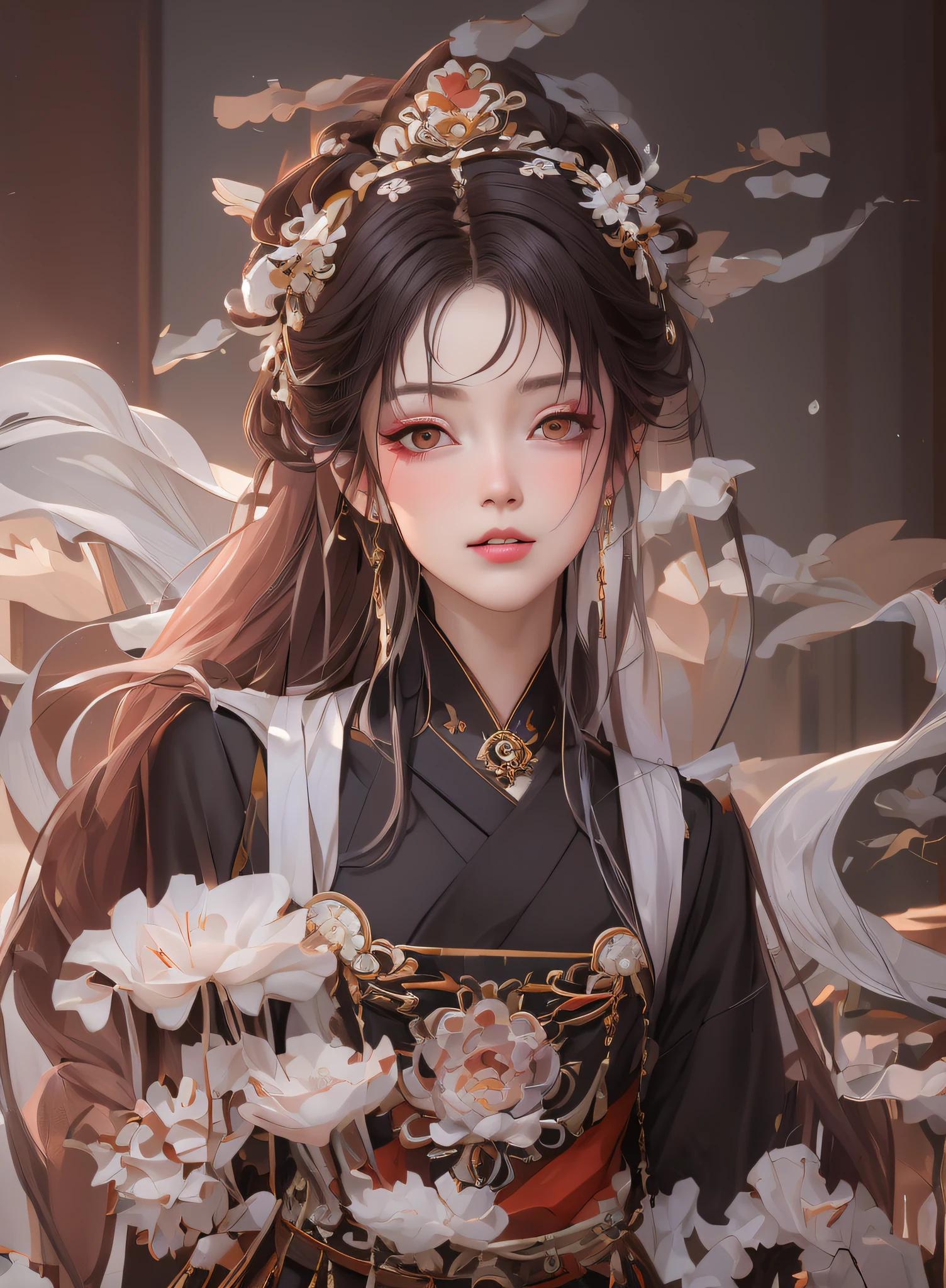 1girl, wearing hanfu, lotus leaf, best quality, master, (full body:1), highres, pretty face, hair accessories, (middle chest: 1.8) (solo:1), looking at viewer, lips, dress, heal order, necklace, jewelry, (ridiculous long hair: 1.4), earrings, hanfu, architecture, East Asian architecture, hanfu, ( Realism:1.5), Super High Resolution, Best Quality, Shameful Blush, Hair Strands, Arms Behind, (Expressive Hair:1.4) ,Perfect Body Proportions,