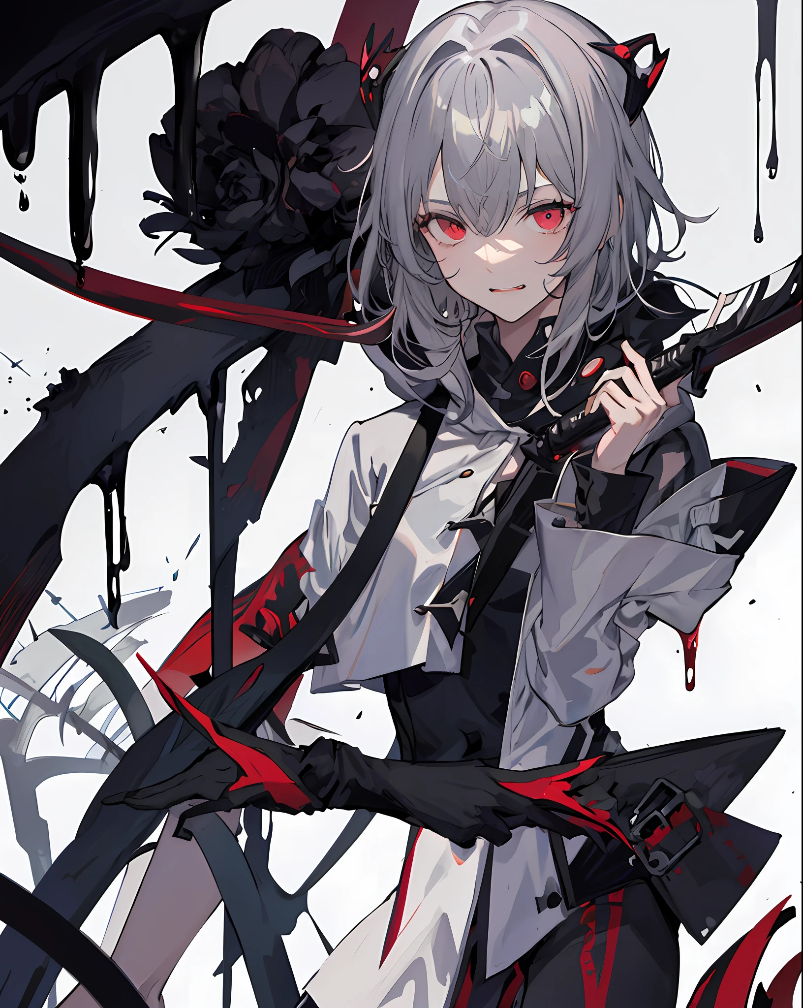 A girl, solo, masterpiece, best quality, gray hair, gray hair, gray hair, red eyes, blackening, darkness, sickle, shadow, villain, sneer, look down, black shadow, sticky black liquid, gloomy, black belly