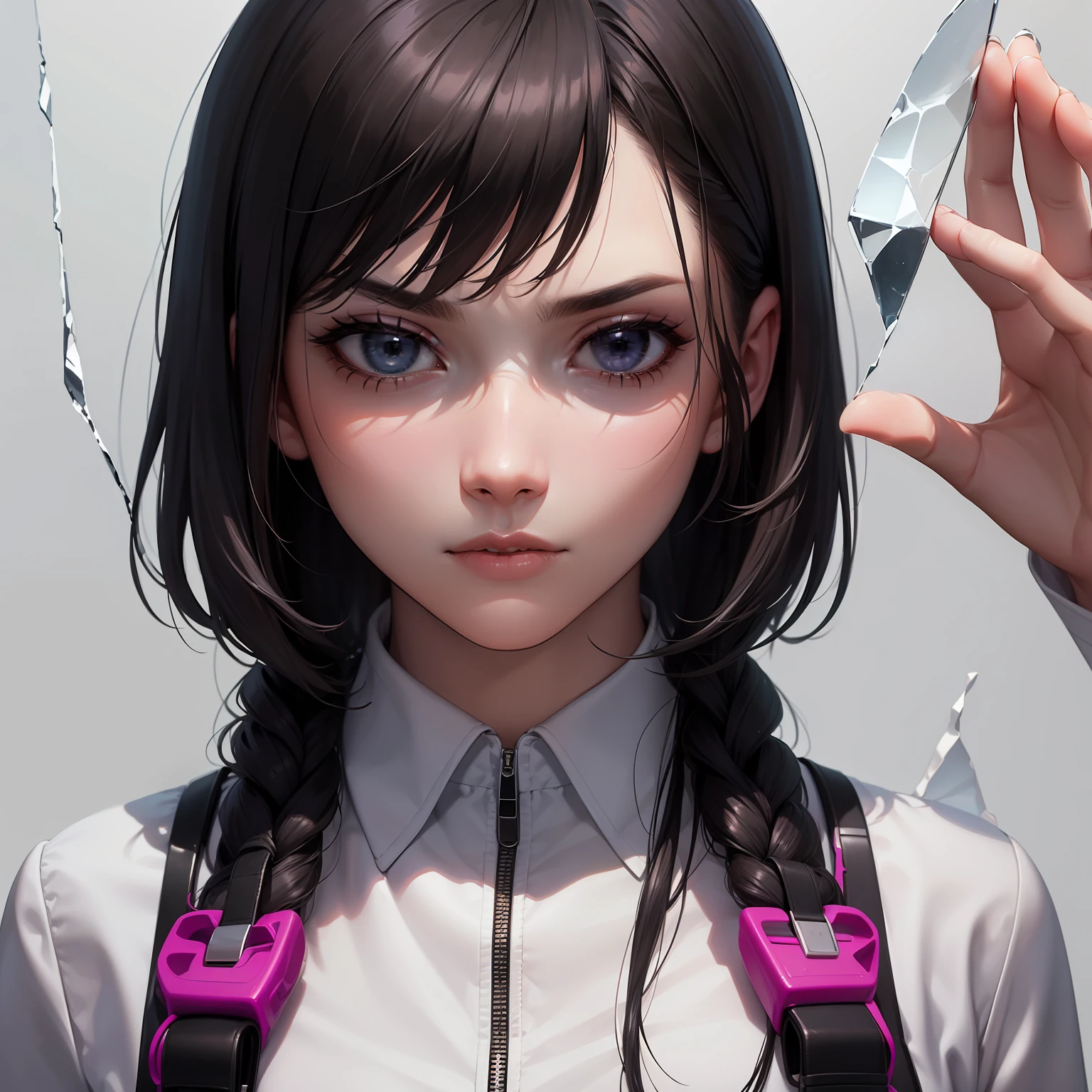 (highest resolution, distinct_image) best quality, feminine masterpiece, high detail, semi-realistic, (most body), long hair, bangs, 18 years old, young, black fit, pink-purple flight suit, stand up collar shirt, pointed face, (tan eyes, hair between the eyebrows), fluorescent long coat (broken glass), (pure white background), cold, serious, authoritative, powerful, (standing painting), (delicate facial features, exquisite facial features)
