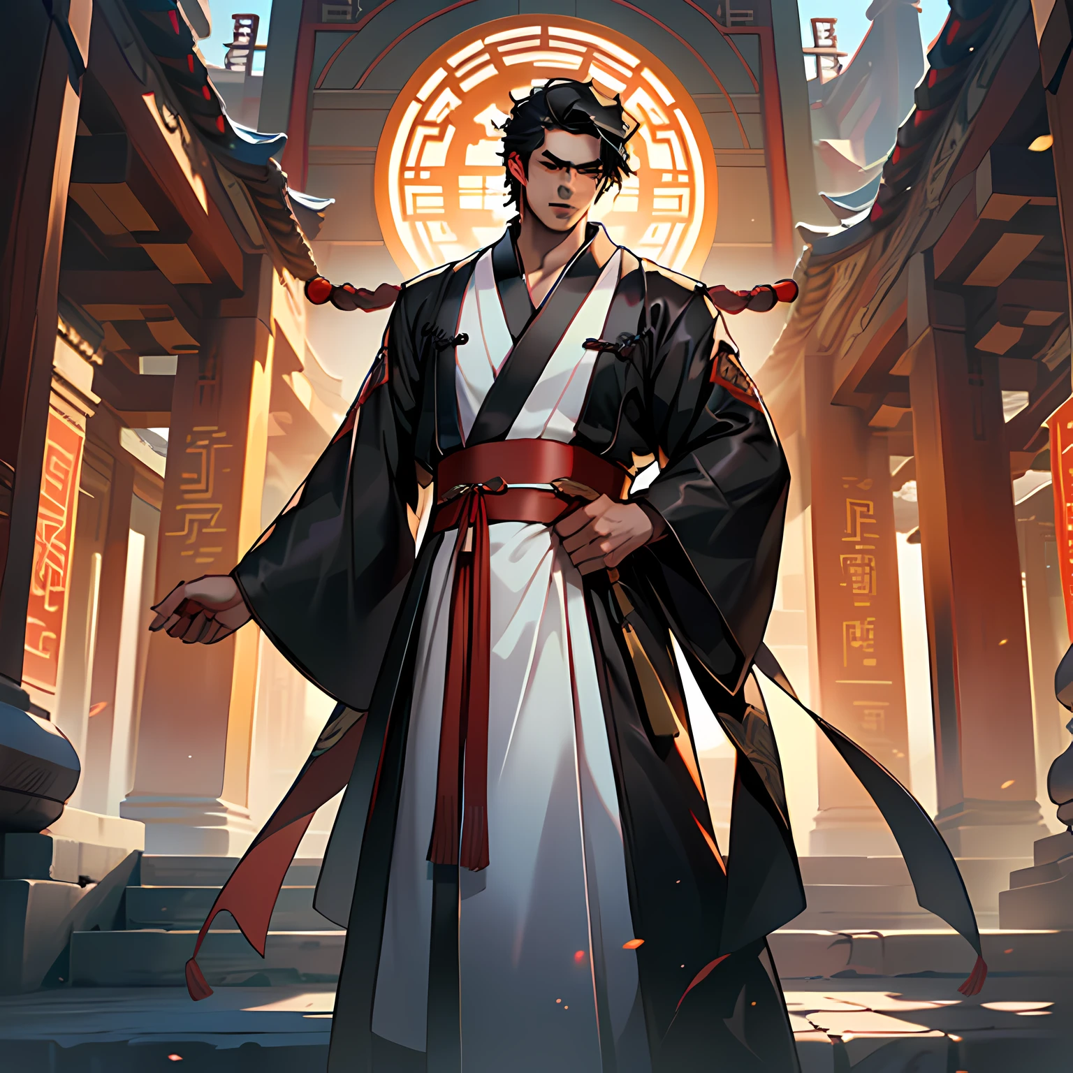 38. (1 person) ((((1boy))),(((aboy))).(((Black coat))),((Black Hanfu youth)),((white clothes)) , (((Black hair))), kingly air, gorgeous, handsome, outstanding temperamen, looks proud and speaks) (background: in the sacred, resplendent palace hall of ancient China).