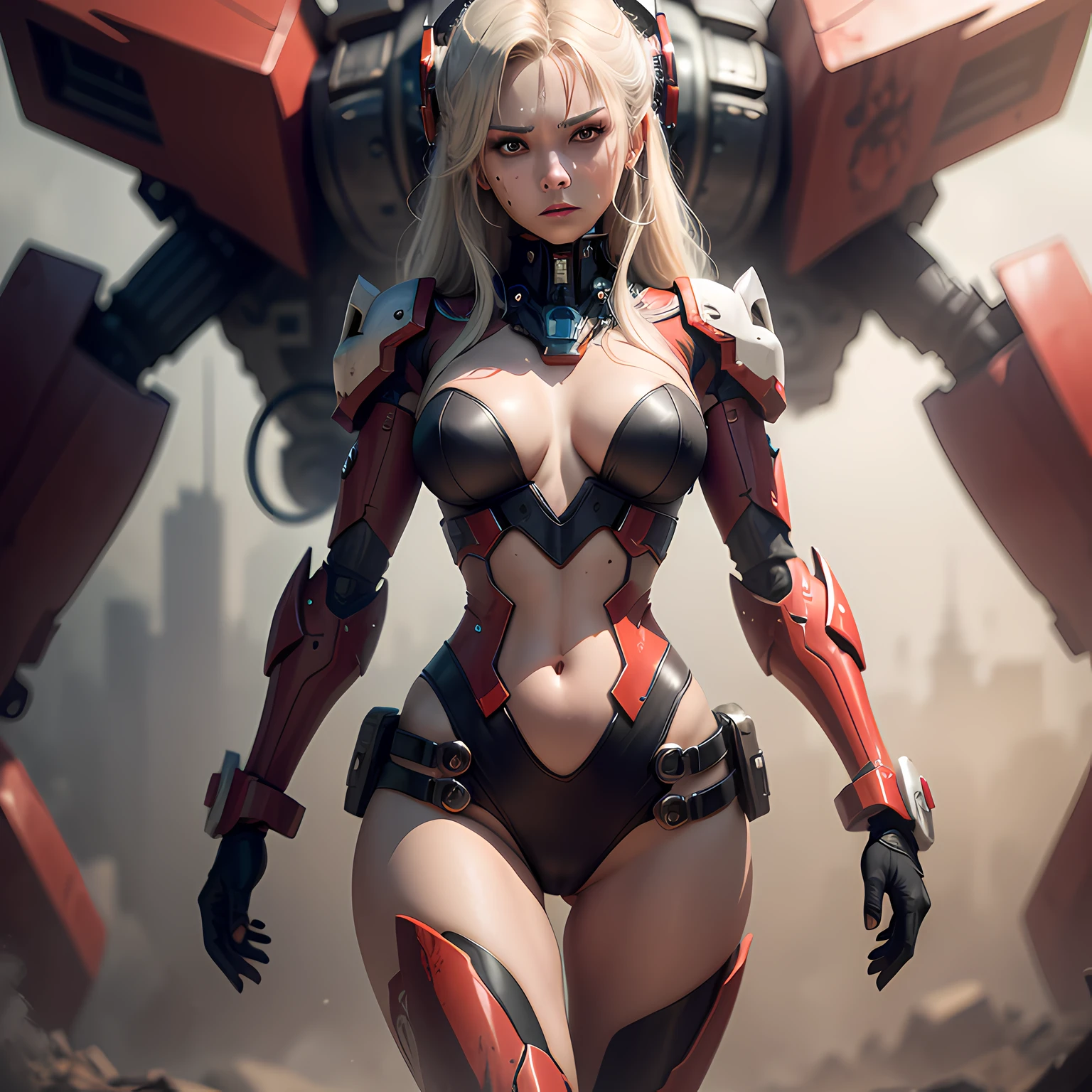 (Tech Style), 8K, (Masterpiece), Best Quality, Highest Quality, (Detail Face: 1.8), Original, Surreal 8K, Perfect Artwork, ((Perfect Female Figure)), Mature Female, Milf, Thin Waist, Thin, Detailed Real Skin, Long Legs, Blood on Face, Chinese Face (Full Body: 1.3), Red Full Body Mecha, Doomsday City in the background, War in Flames, Machine Gun, Grim Expression, --auto