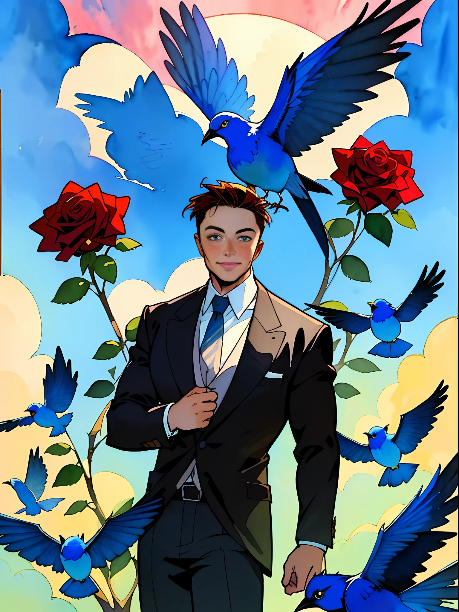 ((Top Quality, Masterpiece)), (One Handsome Man), Suit, Elon Musk, Blue Bird, Comic Art, Watercolor, High Quality Fan Art, Fantasy, Epic Anime Style, Detailed Fan Art, Illustrations, Roses, Smiles, Backlight and Rim Light