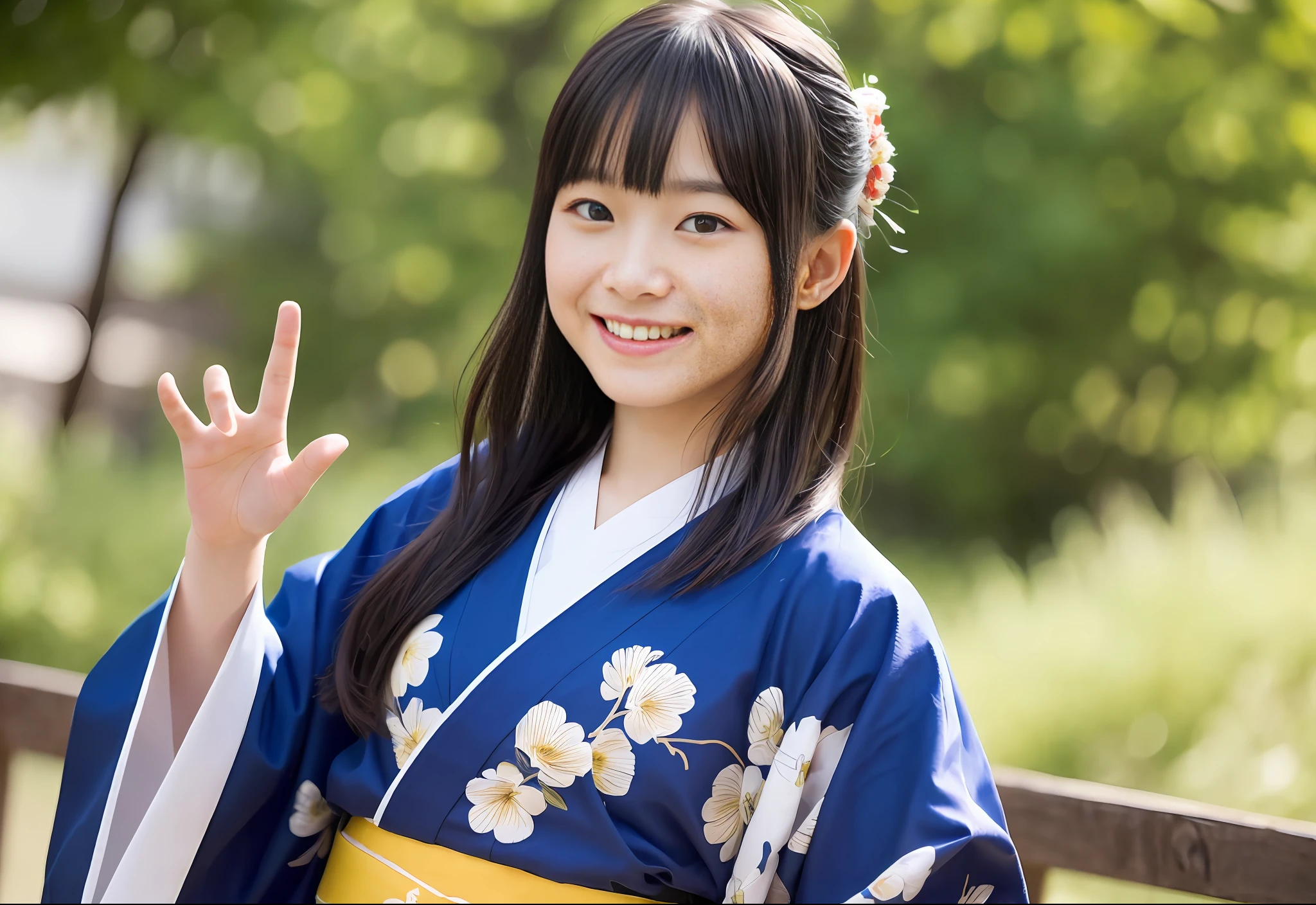 ((Top Quality, 8K, Masterpiece: 1.3)), Sharp Focus: 1.2, (Slender Abs: 1.0), (Shiny Skin: 1.0), Realistic Photography, Black Hair, Realistic Pupils, Video Lighting, High Definition Eyes and Face, Video Lighting, (Cowboy Shot: 1.3), (Kimono, Hakama, Obi: 1.4), (Japan 12 Year Old Cute Actress), (Solo), (Round Face: 1.2), Bangs, In NatureColorful traditional kimono, happy face, looking at the audience, from the front,