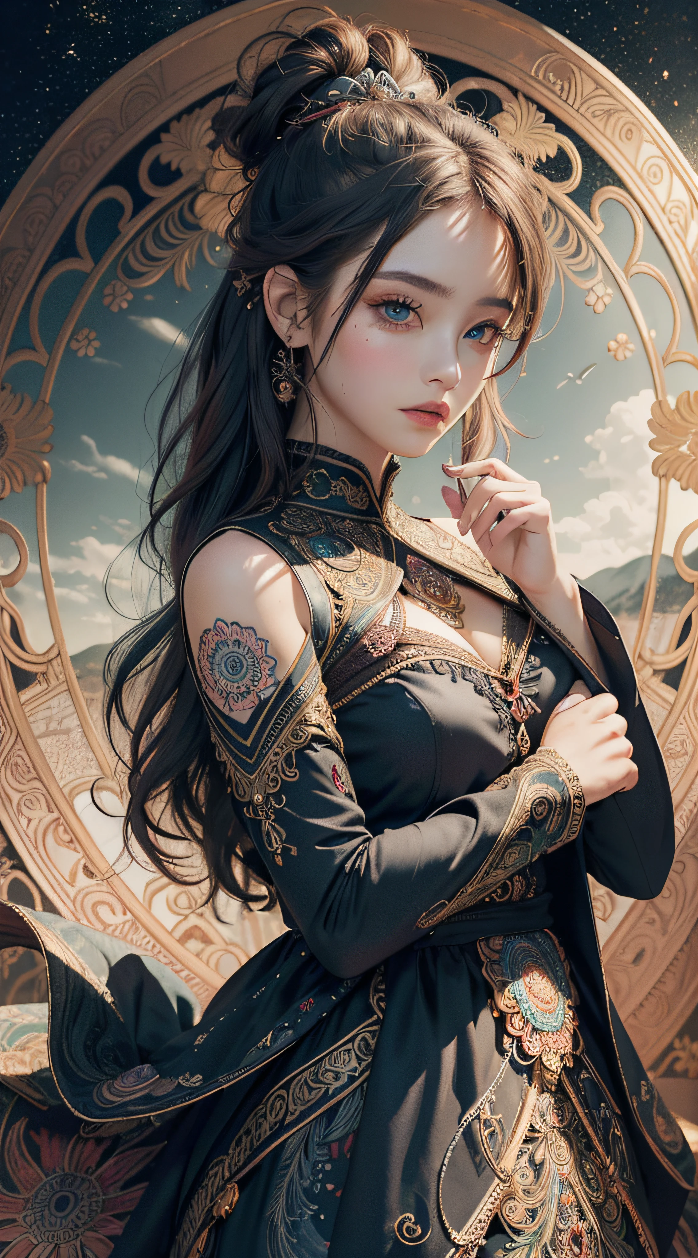 (Masterpiece, Top Quality, Best Quality, Official Art, Beauty and Aesthetics: 1.2), (1girl), Extreme Detail, Colorful, Highest Detail, Official Art, Unified 8k Wallpaper, Ultra Detailed, Beautiful and Aesthetic, Beautiful, Masterpiece, Best Quality, (Zentangle, Mandala, Tangles, Entangle)