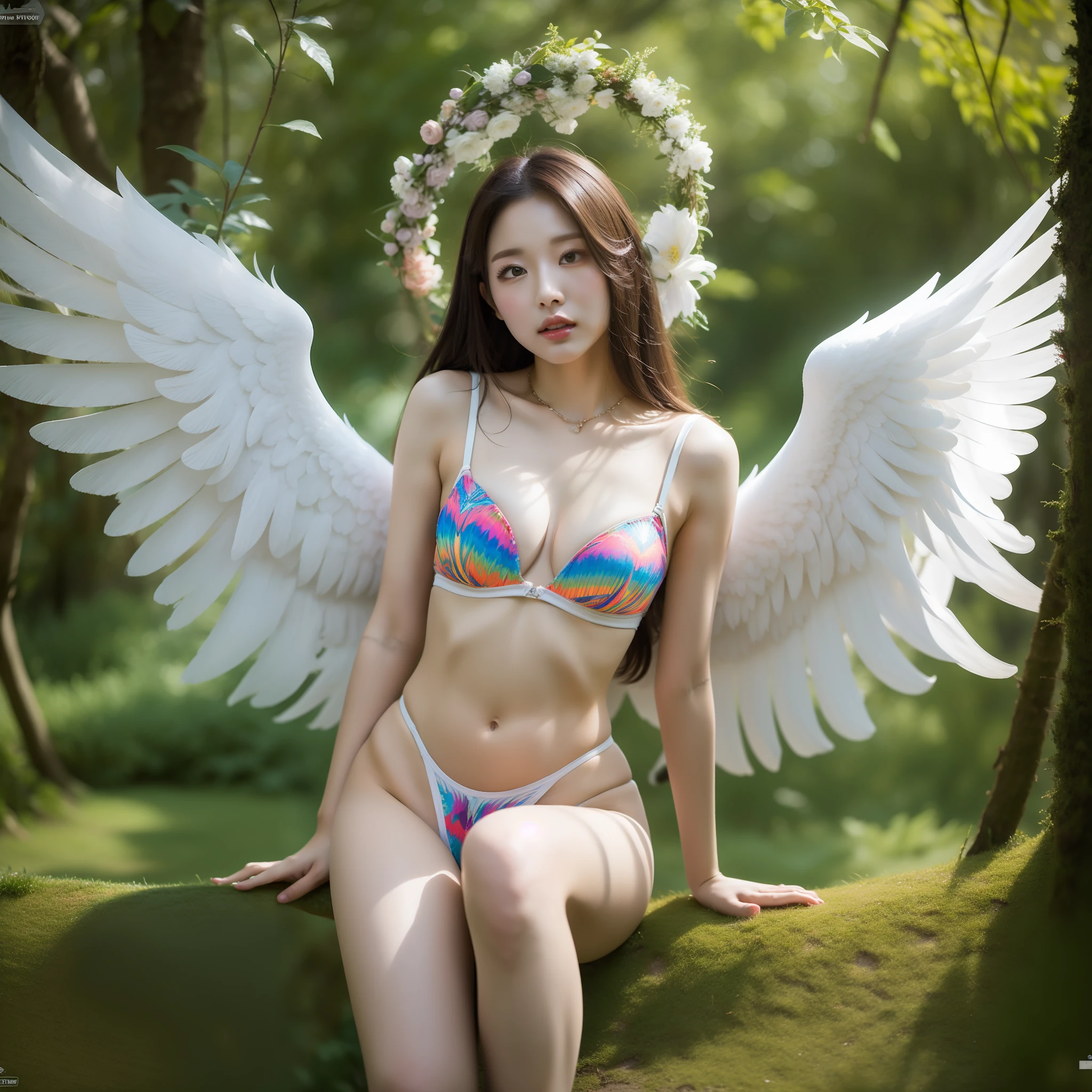 8k, raw, perfect light effects, psychedelic forest, beauty with white angel wings, bulging pubic bone, slender legs, seduction