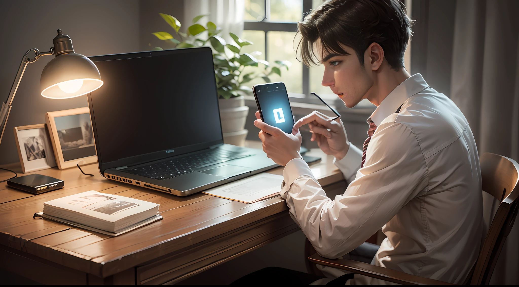 In the dimly lit room, the lamp on the desk glowed faintly, and a young man sat in a chair with a terrified expression, and on the desk was a laptop with a black screen, holding a mobile phone in his hand, and the screen of the mobile phone was black