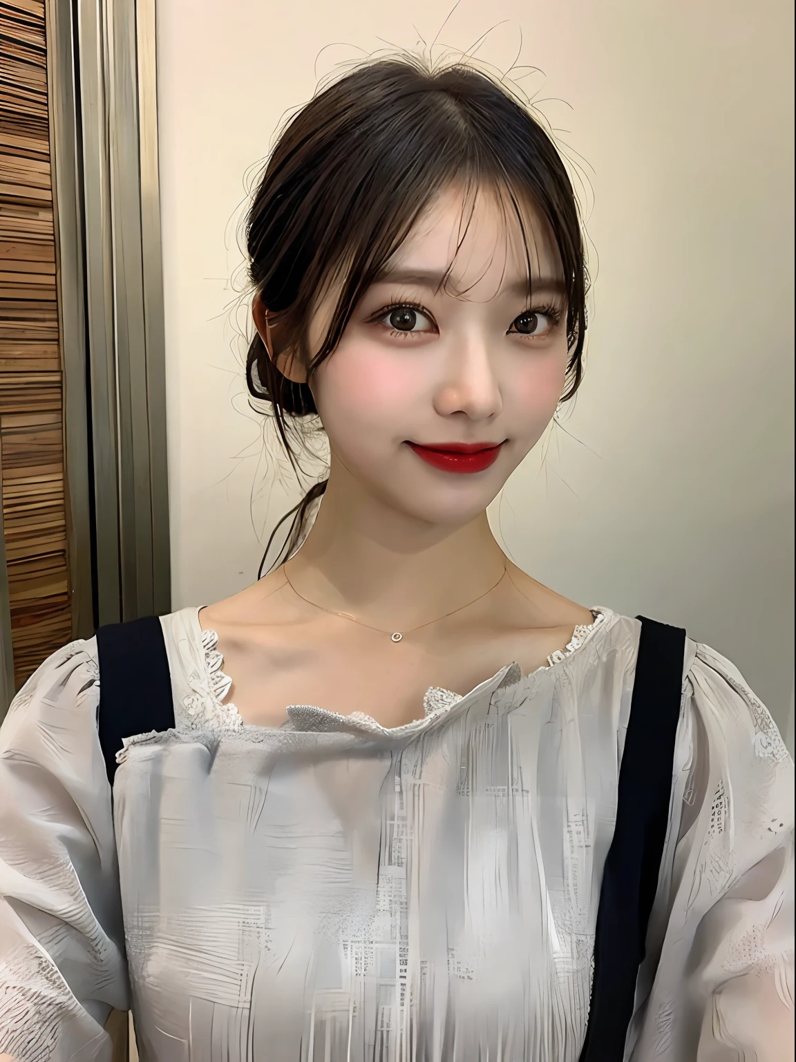 (Best quality, 8K, masterpiece:1.3)) , (one person: 1.4), 1girl, a Korean woman, a goddess, 25 years old, portrait photography, high contrast, God perspective, aperture F1.2, focal length 24mm, ( Full body: 1.2), smile, pose for photos, fine lace, slip dress, simple cut dress, brand dress, simple cut, long black hair, hair tied up, super detailed skin details, detailed fabric texture