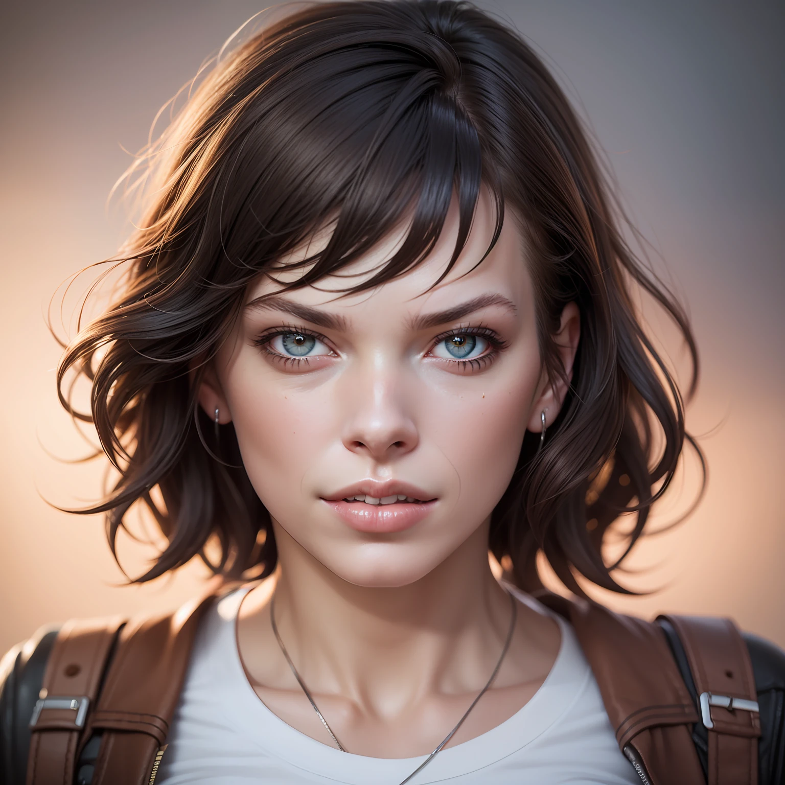 ((Milla Jovovich)), dressed, (photorealistic:1.4), (hyperrealistic:1.4), (realistic:1.3), (more uniform lighting: 1.05), (improvement of cinematic lighting quality:0.9), 32K, 1girl, 20yo girl, realistic lighting, backlight, light on face, raytrace, (brightening light: 1.2), (increase quality: 1.4), (best quality real texture skin: 1.4), finely detailed eyes, finely detailed face, fine quality eyes, (tired and sleepy and satisfied:0.0),  Close-up of the face, T-shirts, (Increase the mood of the body line: 1.1), (Increase the beauty of the skin texture: 1.1)
