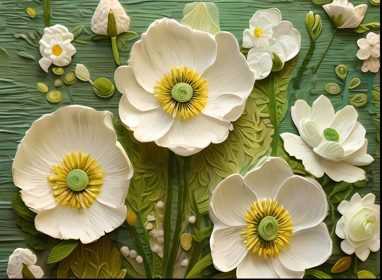 Green surface with many white flowers, paper quilting, flowers with intricate details, sea anemones, flowers and stems, flowers, oil painting relief, inspired by Maximilian Vanka, light green and white, white flowers, paper, beautiful composition, pale green and white, detailed impasto, sea anemone, layered paper art, paper plastic art, depiction of a flower, paper art, oil painting relief