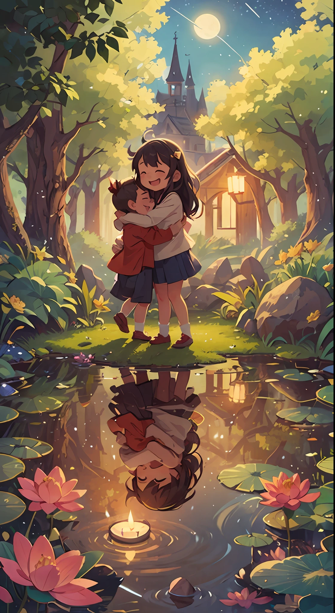 Moonlight, Night, Lake, Woods, Meadow, Reflection, Romance, Silence, Pebbles, Lotus, Cicada Song, Starry Sky, Breeze, Smile, Hug, Hand in Hand, Dancing, Missing, Romantic, Tender, Happy, Moving, Sweet, Candlelight, Guitar, Keys, Wonderful, Happy, Warm, Romantic, Love Words, Heart-to-Heart, Happiness, Youth, Beauty, Mysterious.圆圆的月亮挂在高空
