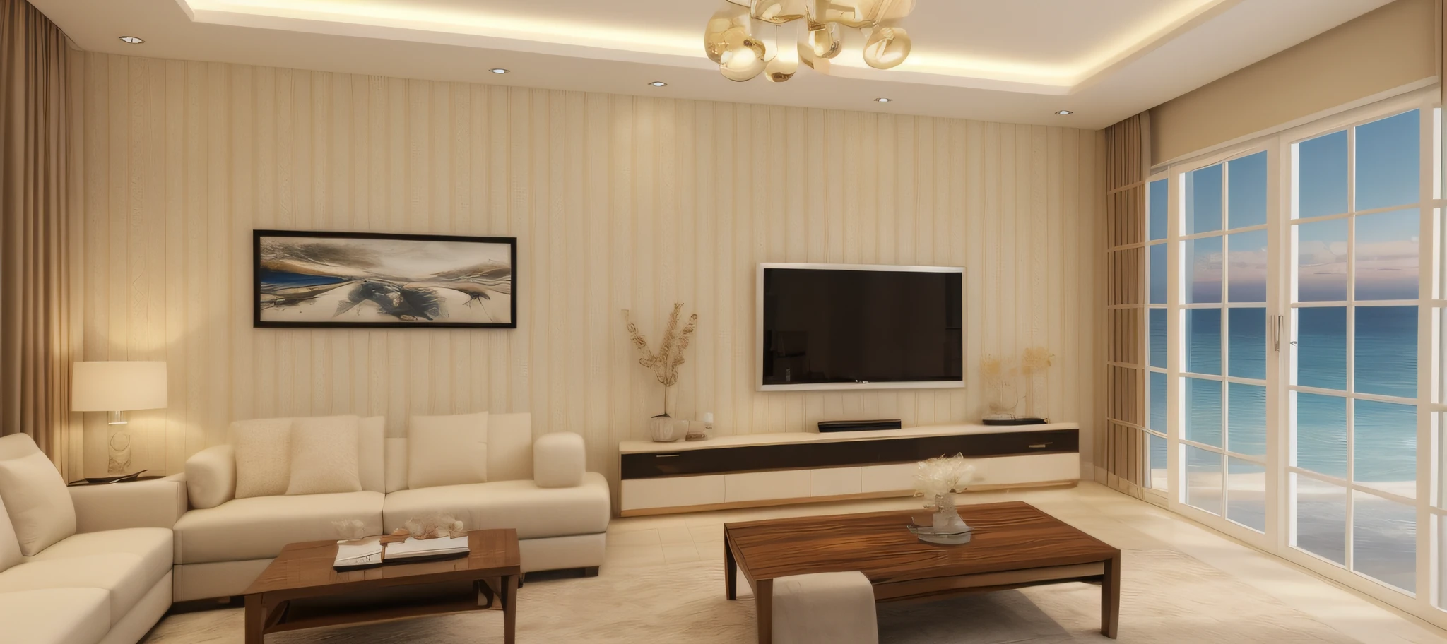 ultra realistic, masterpiece, best quality, super detailed, ultra high res, raw photo, 8k, a modern livingroom, (fabric sofa), (fabric pillow), stone opaque resin panel, brown and white, luxury, in the style of enchanting lighting, light gold and light black, li shuxing, traditional-modern fusion, soft atmospheric light, hard-edged lines, (window), fabric window blinds, blue sky, 1 black TV, masterpiece,ultra realistic,32k,extremely detailed CG unity 8k wallpaper, best quality