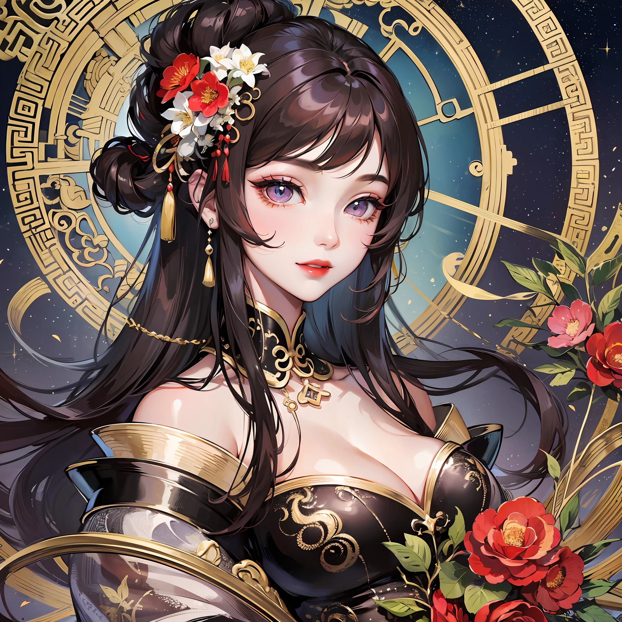 Masterpiece, Superb Style, Night, Full Moon, 1 Woman, Mature Woman, Chinese Style, Antique Chinese, Sister, Royal Sister, Smile, Brunette Hair, Updo, Red Lips, Calm, Intellectual, Princess Scissors, Hairpins, Hair Flowers, Detailed Facial Details, Detailed Eyes, Full Body --auto --s2