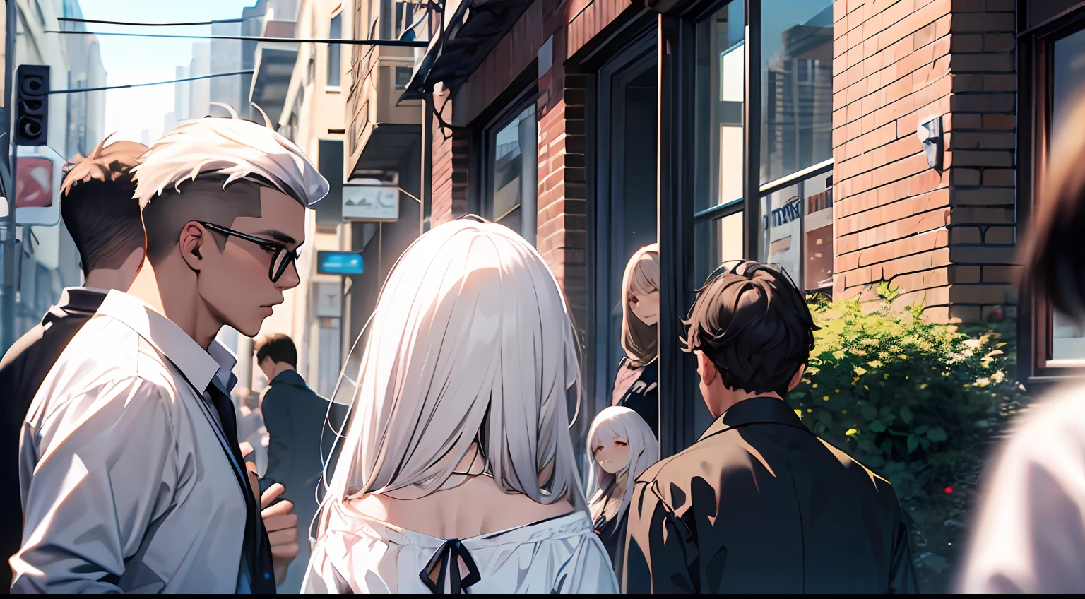 Masterpiece, best quality, 5 people, 4 men 1 woman, woman is white hair, high detail, vista, street side
