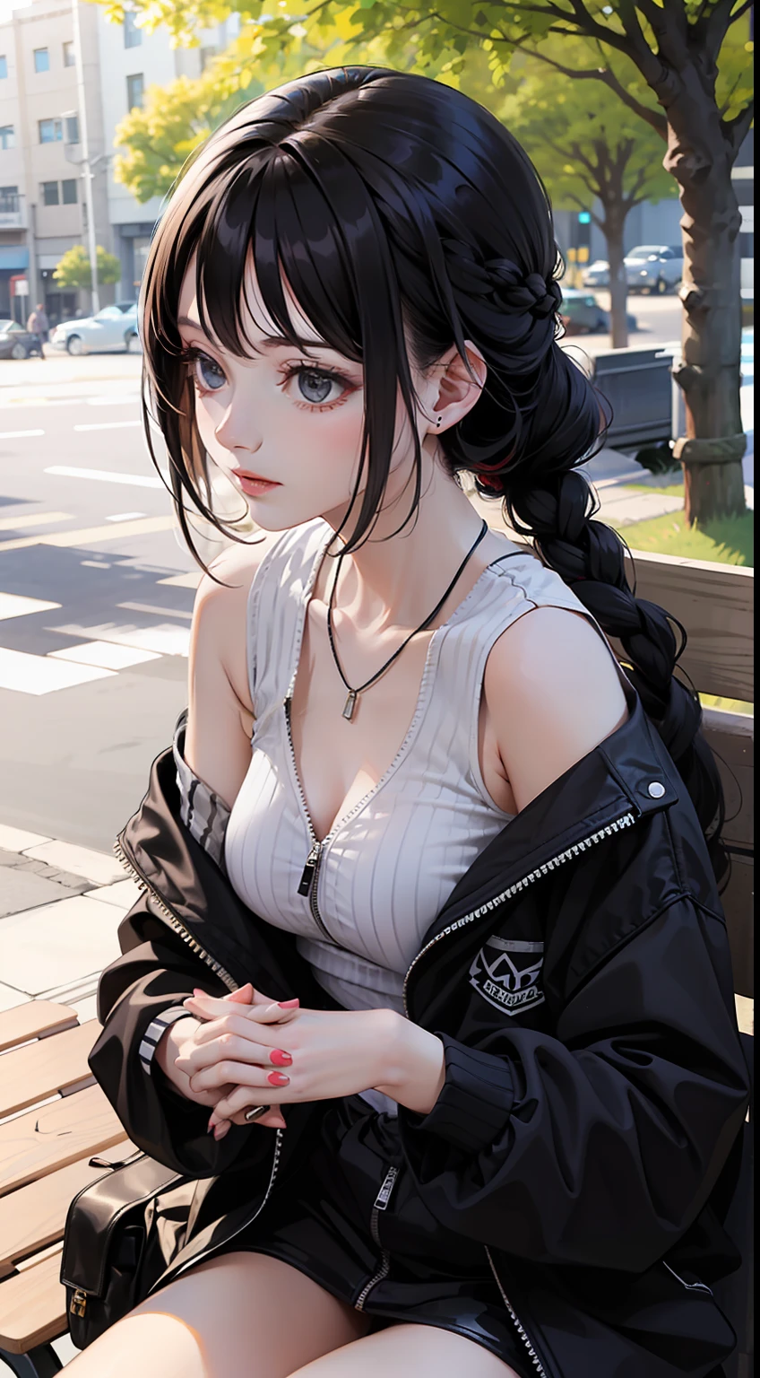 A young and mature woman, Has black hair, Tied your hair into a side braid, And has delicate facial features, It has striped decorations on it, And the zipper shows her chest, Pair it with a pair of sneakers, And he put on a posture with his hands crossed at the waist, There is a runway., Trees and benches, etc