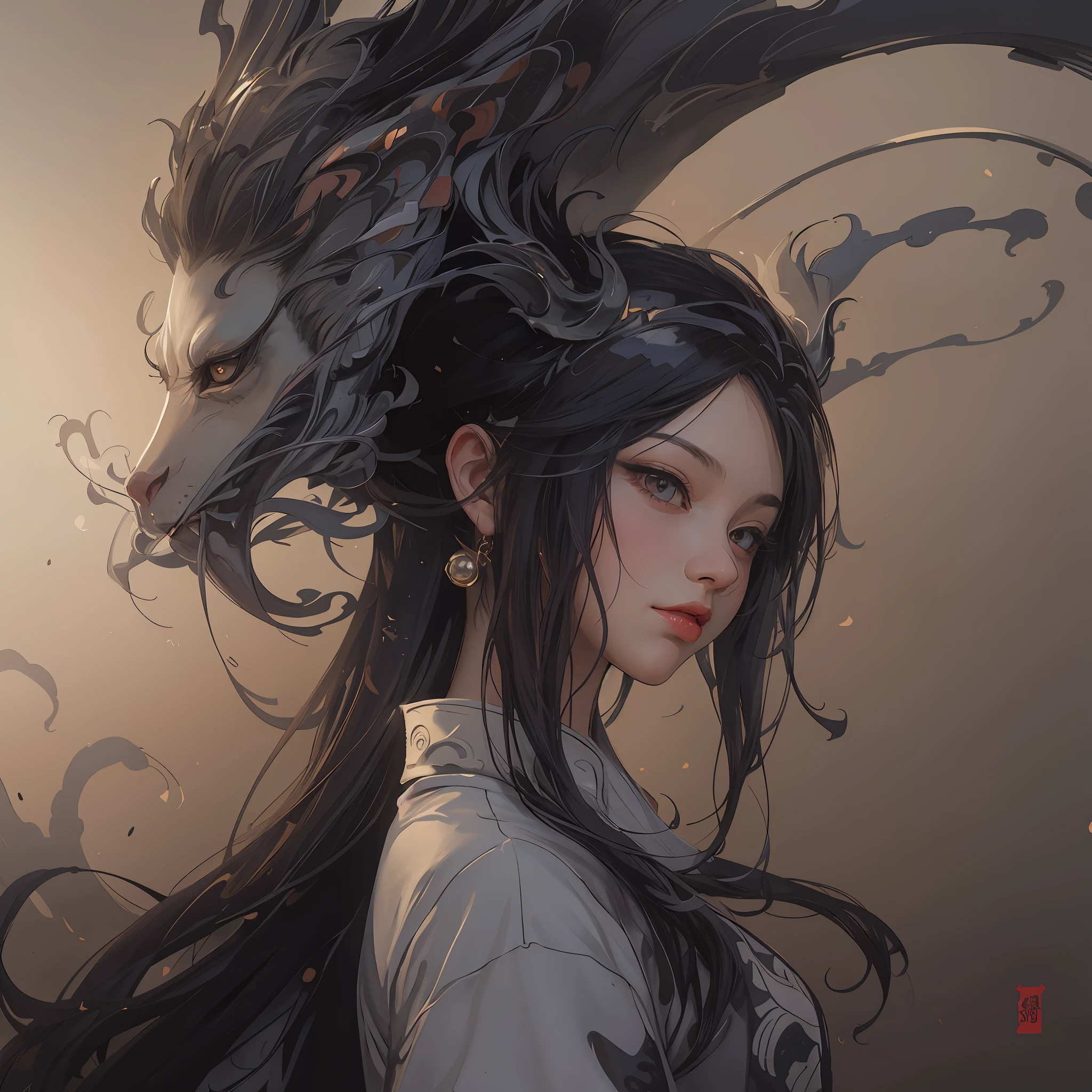 A long-haired girl wearing Hanfu with dragon horns, Portrait of Dragon Girl, Dragon Girl, Realistic Lighting and Shading, Vivid Color, Acrylic Painting, Pixiv, 8K, Best Quality, Ultra Detailed