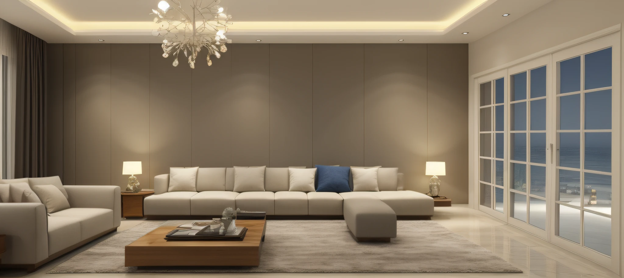 ultra realistic, masterpiece, best quality, super detailed, ultra high res, raw photo, 8k, a modern livingroom, (fabric sofa), (fabric pillow), stone opaque resin panel, brown and white, luxury, in the style of enchanting lighting, light gold and light black, li shuxing, traditional-modern fusion, soft atmospheric light, hard-edged lines, (window), fabric window blinds, blue sky, 1 black TV, masterpiece,ultra realistic,32k,extremely detailed CG unity 8k wallpaper, best quality