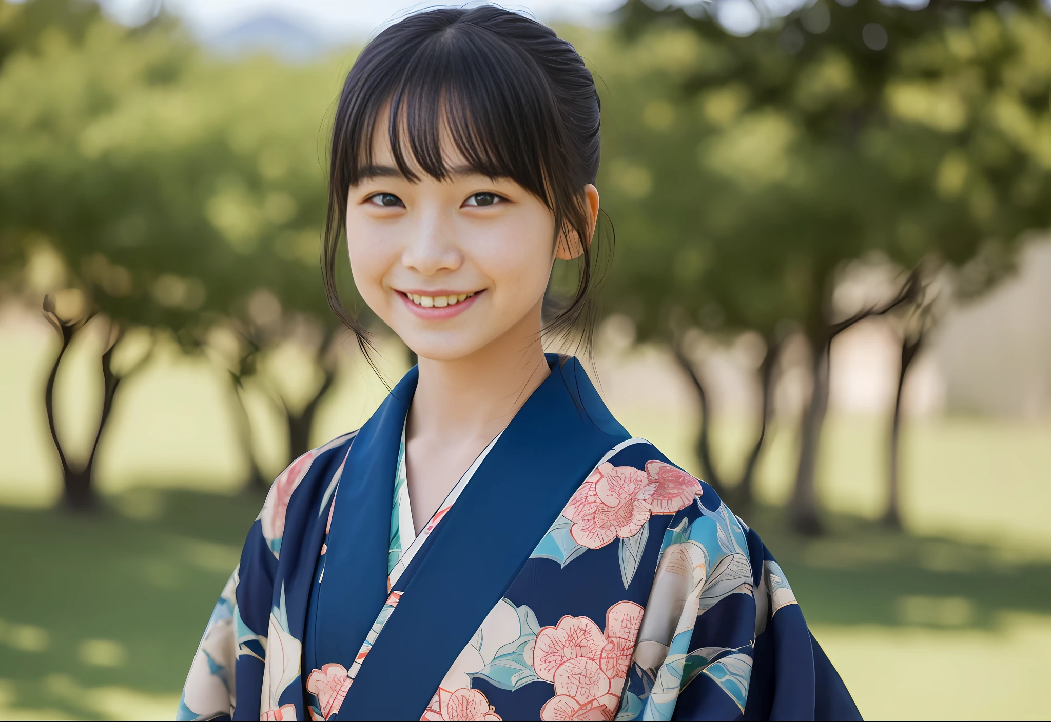 ((Top Quality, 8K, Masterpiece: 1.3)), Sharp Focus: 1.2, (Slender Abs: 1.0), (Shiny Skin: 1.0), Realistic Photography, Black Hair, Realistic Pupils, Video Lighting, High Definition Eyes and Face, Video Lighting, (Cowboy Shot: 1.3), (Kimono, Hakama, Obi: 1.4), (Japan 12 Year Old Cute Actress), (Solo), (Round Face: 1.2), Bangs, In NatureColorful traditional kimono, happy face, looking at the audience, from the front,