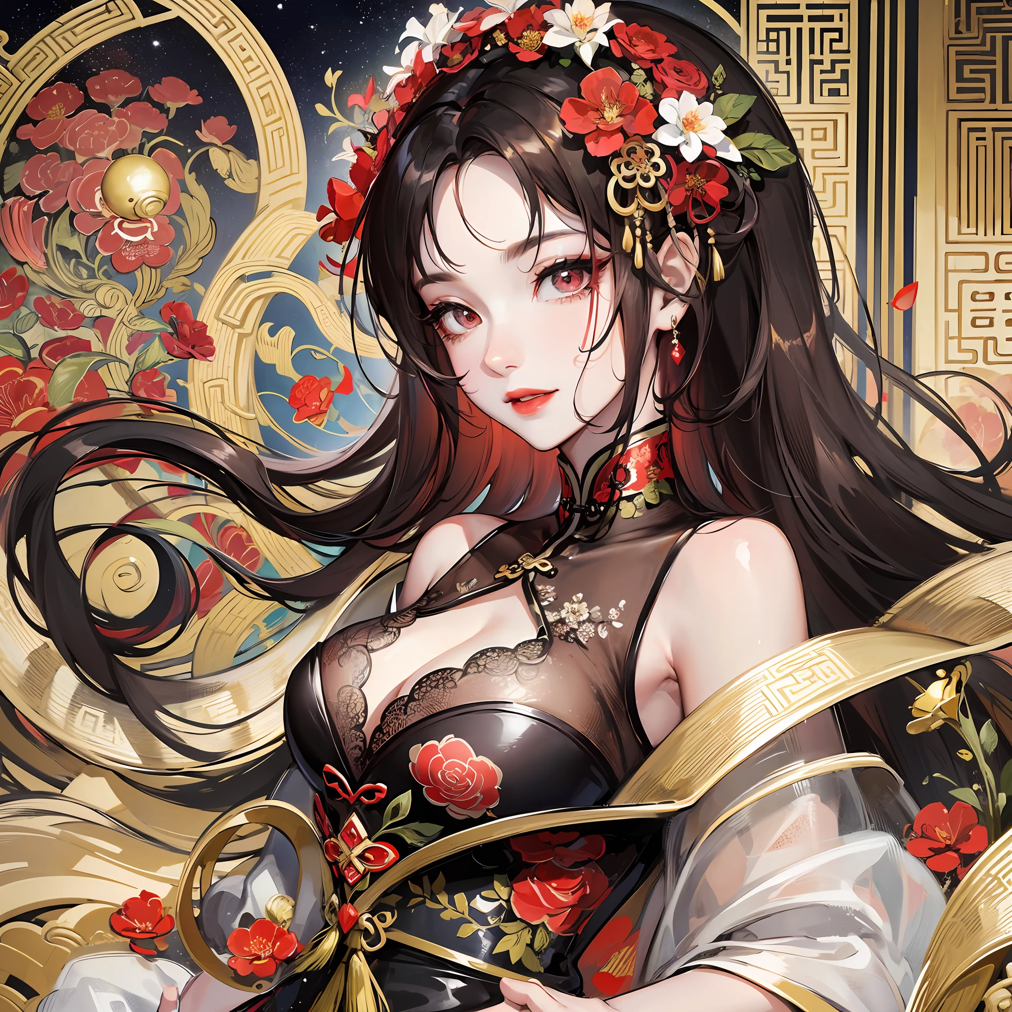 Masterpiece, Superb Style, Night, Full Moon, 1 Woman, Mature Woman, Chinese Style, Antique Chinese, Sister, Royal Sister, Smile, Brunette Hair, Updo, Red Lips, Calm, Intellectual, Princess Scissors, Hairpins, Hair Flowers, Detailed Facial Details, Detailed Eyes, Full Body --auto --s2