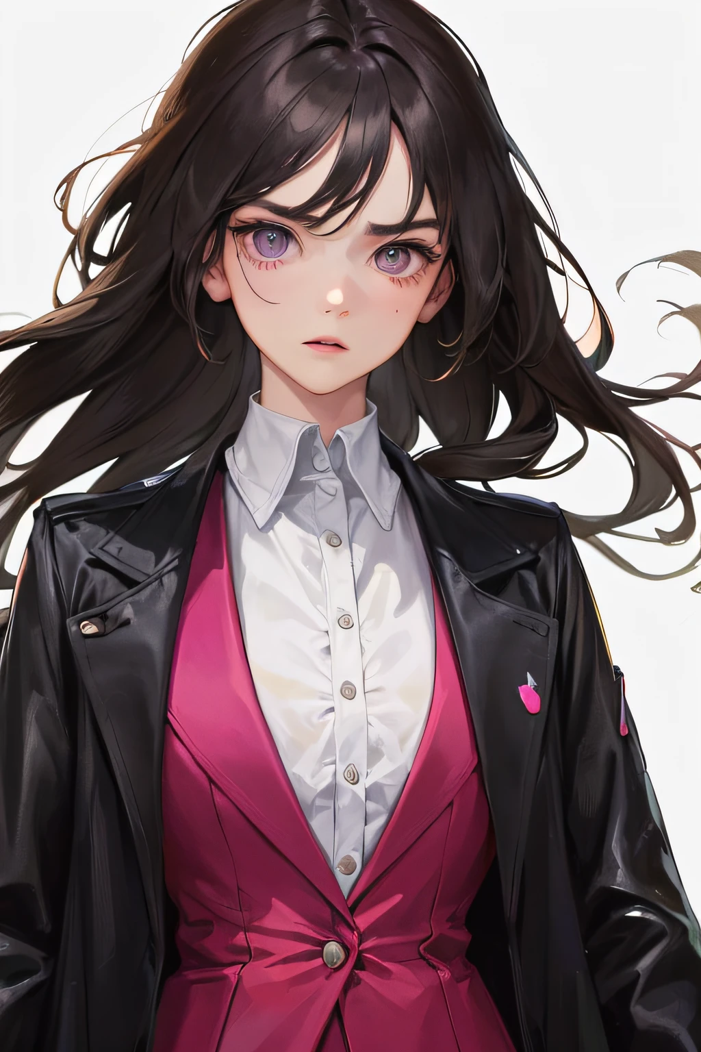 (highest resolution, distinct_image) best quality, feminine masterpiece, high detail, semi-realistic, (most body), long hair, bangs, 18 years old, young, black fit, pink-purple flight suit, stand up collar shirt, pointed face, (tan eyes, hair between the eyebrows), fluorescent long coat (broken glass), (pure white background), cold, serious, authoritative, powerful, (standing painting), (delicate facial features, exquisite facial features)