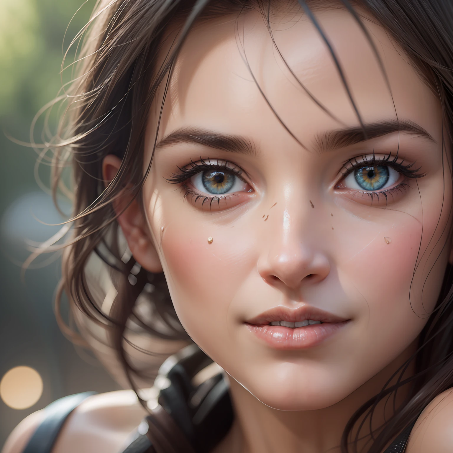 ((Lara Croft)), dressed, (photorealistic:1.4), (hyperrealistic:1.4), (realistic:1.3), (more uniform lighting: 1.05), (improvement of cinematic lighting quality:0.9), 32K, 1girl, 20yo girl, realistic lighting, backlight, light on face, raytrace, (brightening light: 1.2), (increase quality: 1.4), (best quality real texture skin: 1.4), finely detailed eyes, finely detailed face, fine quality eyes, (tired and sleepy and satisfied:0.0), Close-up of the face, T-shirts, (Increase the mood of the body line: 1.1), (Increase the beauty of the skin texture: 1.1)
