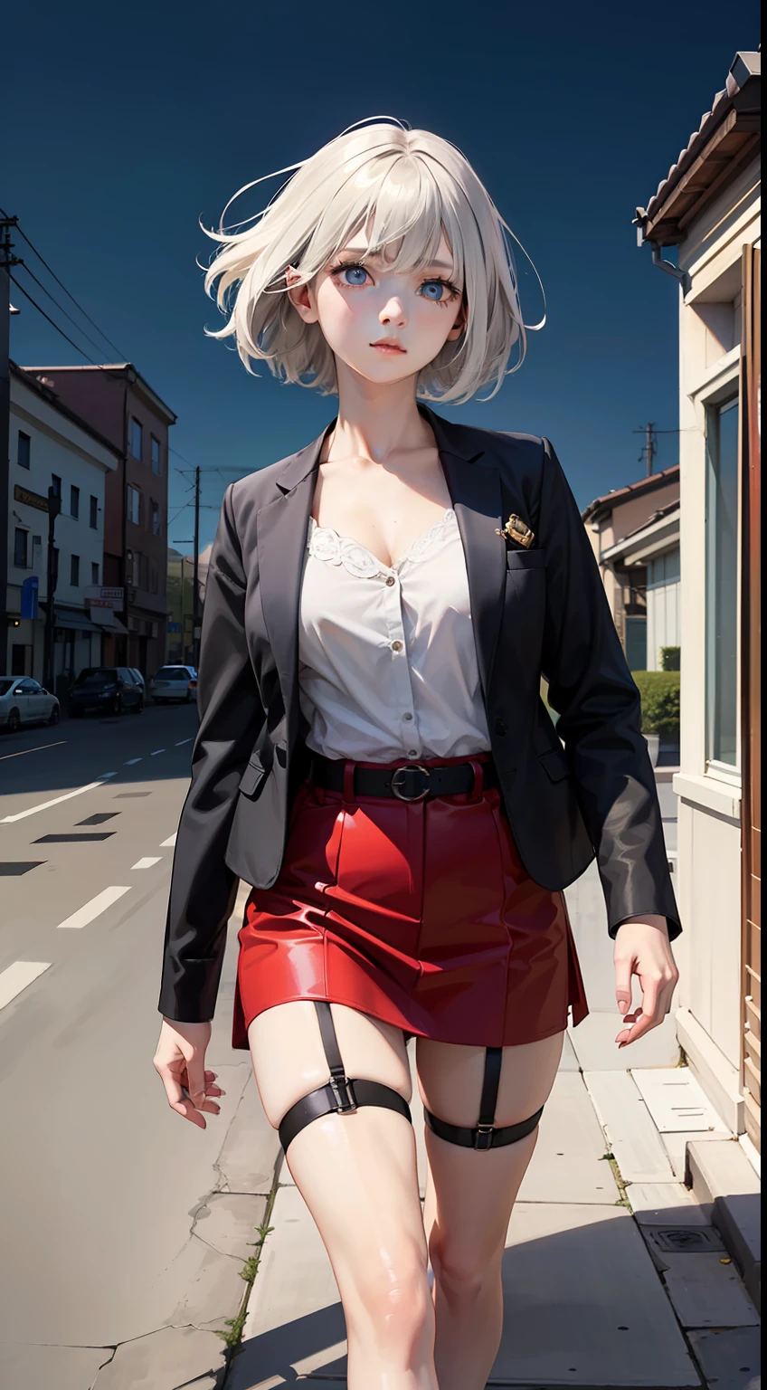 absurdres,incredibly_absurdres,highres,1girl,black hair,best quality,medium breast,artbook,realistic,light,best quality,highly detailed,ultra-detailed,masterpiece,night,masterpiece,illustration,{mature},garter_belt,black ribbon,beautiful detailed sky,beautiful detailed water,photo,real，(((masterpiece))), best quality, illustration,(((1girl))),((cute anime face)),(beautiful detailed girl),expressionless,cold attitude, red pupils, short hair, white hair,(((beautiful detailed eyes))),jacket,cracked floor,damaged classroom,Tables and chairs in disarray,The residual eaves DuanBi,beautiful sky,cumulus,mouldy,floating,wind,Dead end machine,(broken robot),(Mechanical girl)