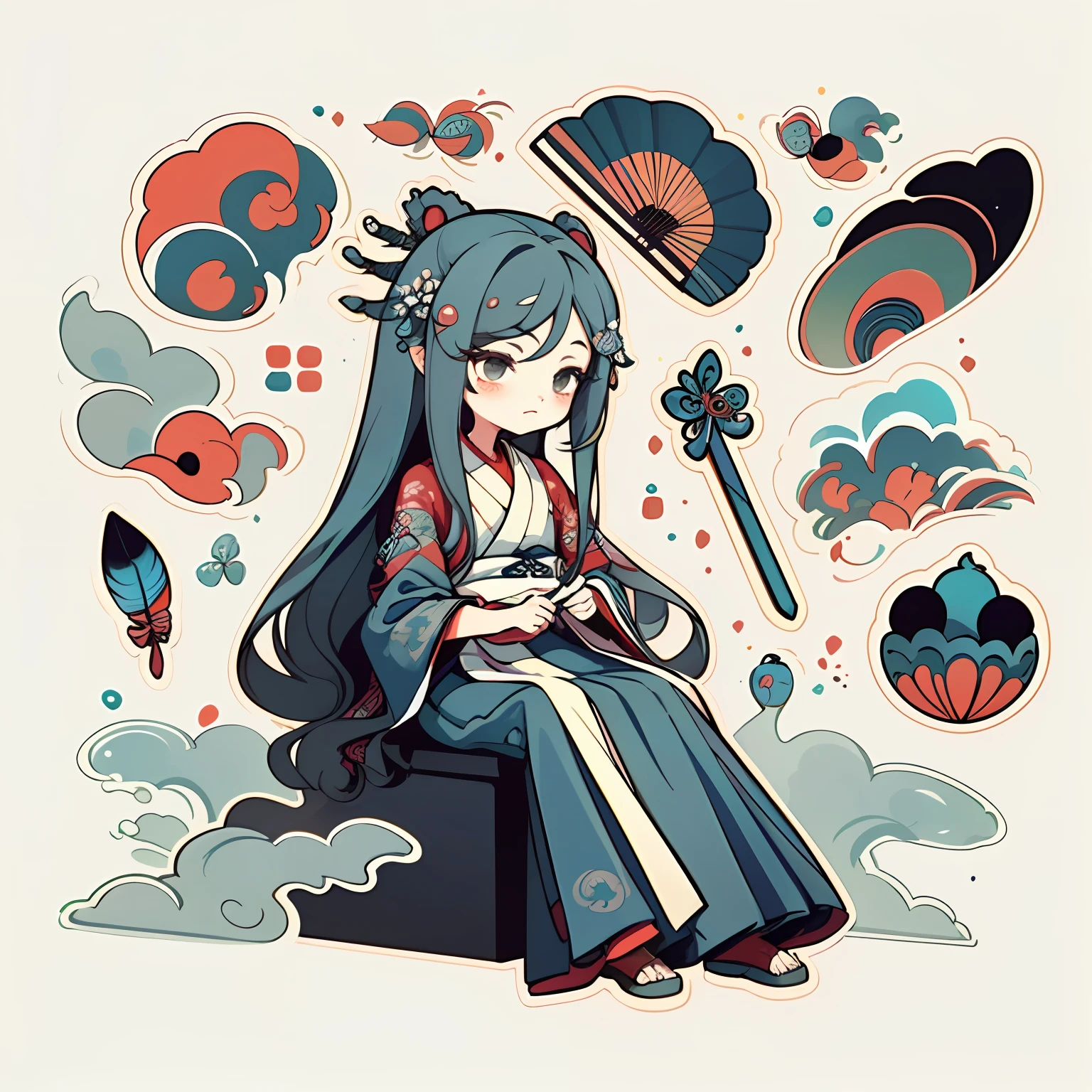 1 sticker, handbook, (sticker, 1 girl, Chinese Ming dynasty clothes, gorgeous collar top, pleated long skirt, hanfu, embroidery, peacock, hairpin, folding fan, feather, parts split), watercolor, white background, simple background, minimal, cute, tiny, pastel color, vector style, no gradient,