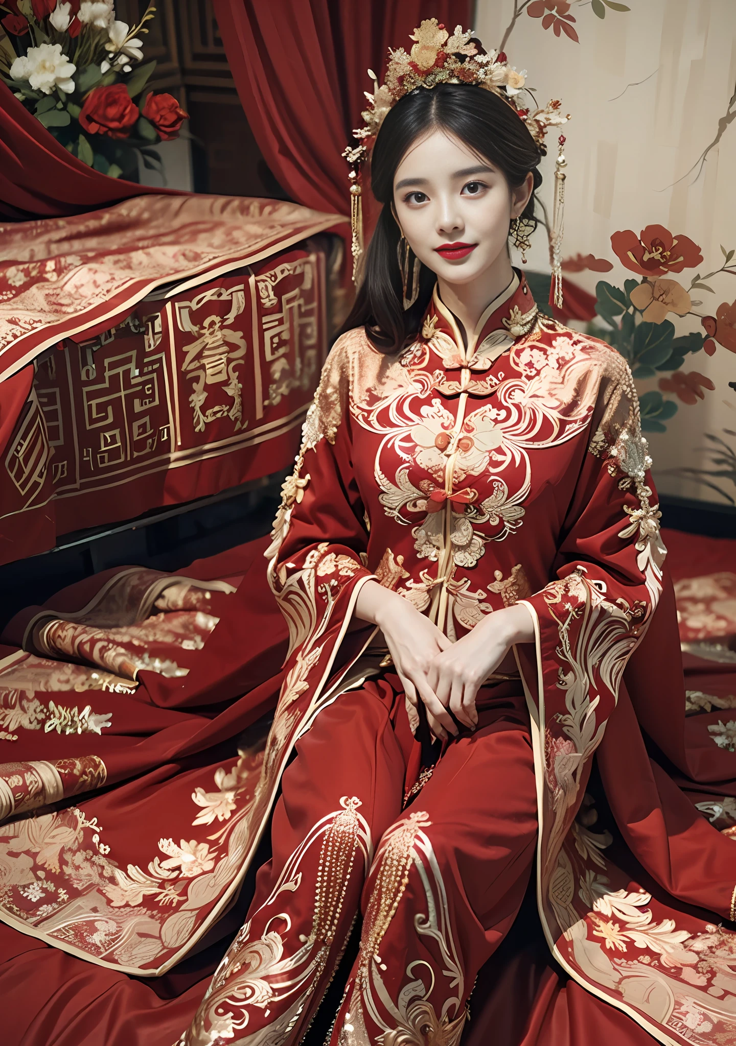 (Ultra-realistic 8k CG: 1.2), perfect artwork, delicate patterns, intricate details, (unparalleled masterpiece, best quality: 1.2), (extremely complex: 1.2), a woman in a red and gold dress, phoenix crown, hair stick, (sitting on a red bed), makeup, blush, shyness, black_hair, looking down, cosmetics, (forehead point), (2 red candles), Chinese_clothes, curtains, earrings, hair_ornament,hanfu, interior, jewelry, red nails, long_sleeves, red dress, red lips, tassels, (red quilt), (red palace: 1.2), (ancient Chinese architecture), (red: 1.8), night