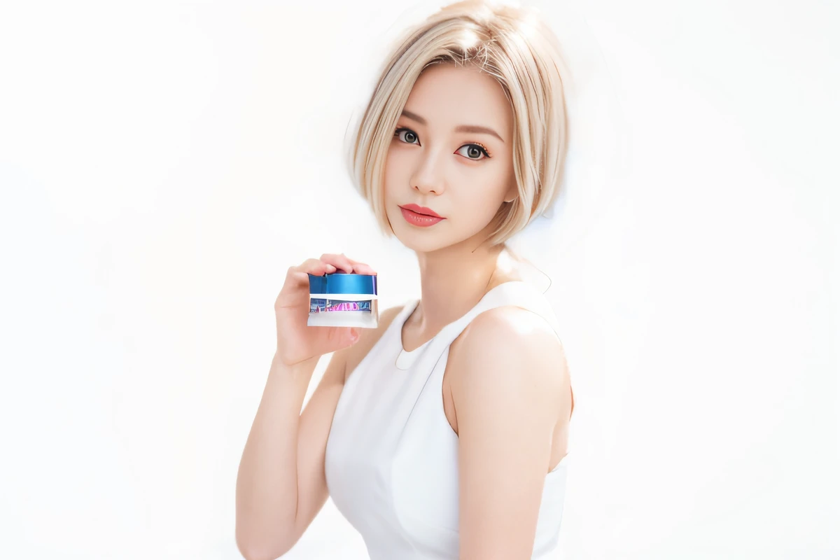 a stunning photograph of young gorgeous woman, short white hair, looking at viewer
