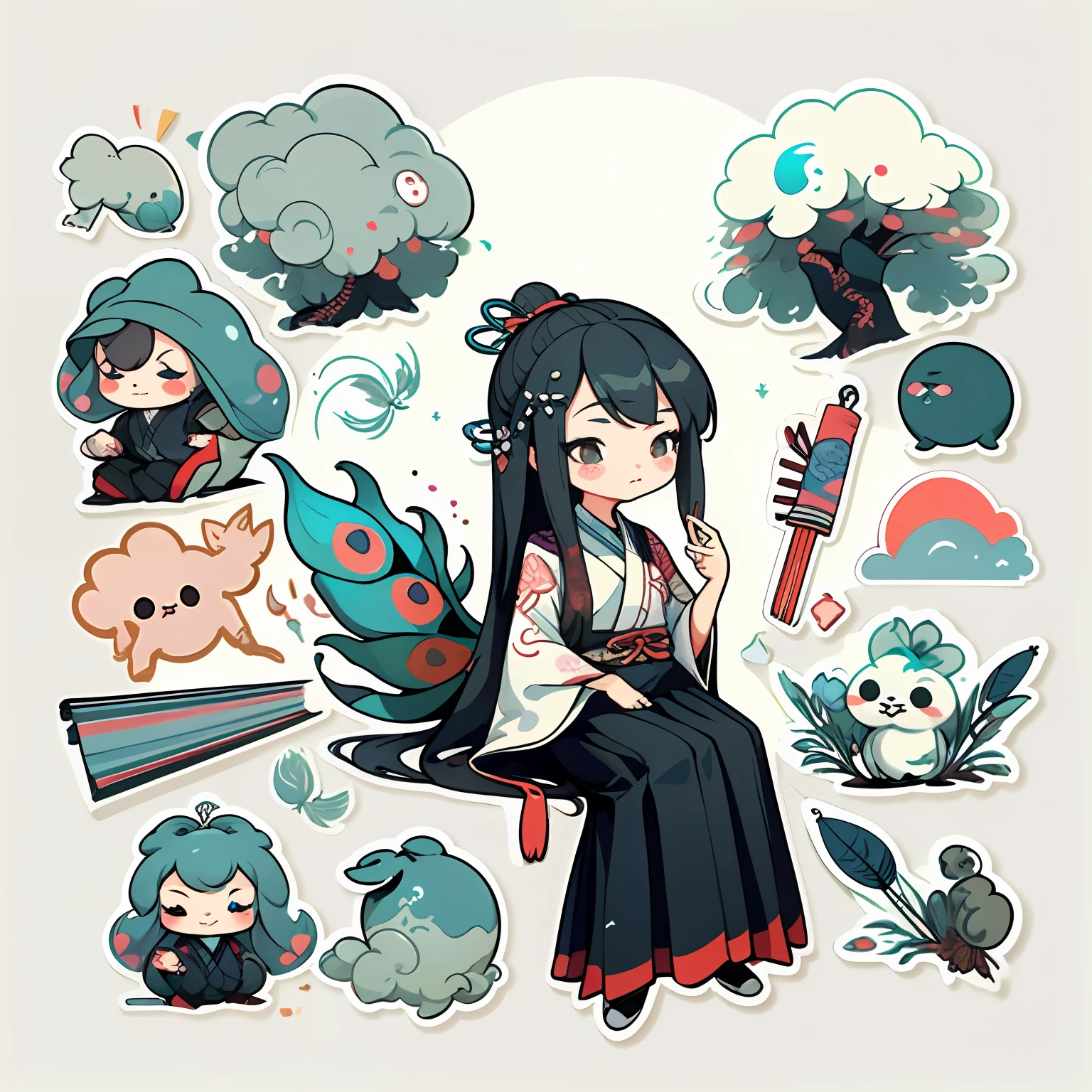 1 sticker, handbook, (sticker, 1 girl, Chinese Ming dynasty clothes, gorgeous collar top, pleated long skirt, hanfu, embroidery, peacock, hairpin, folding fan, feather, parts split), watercolor, white background, simple background, minimal, cute, tiny, pastel color, vector style, no gradient,