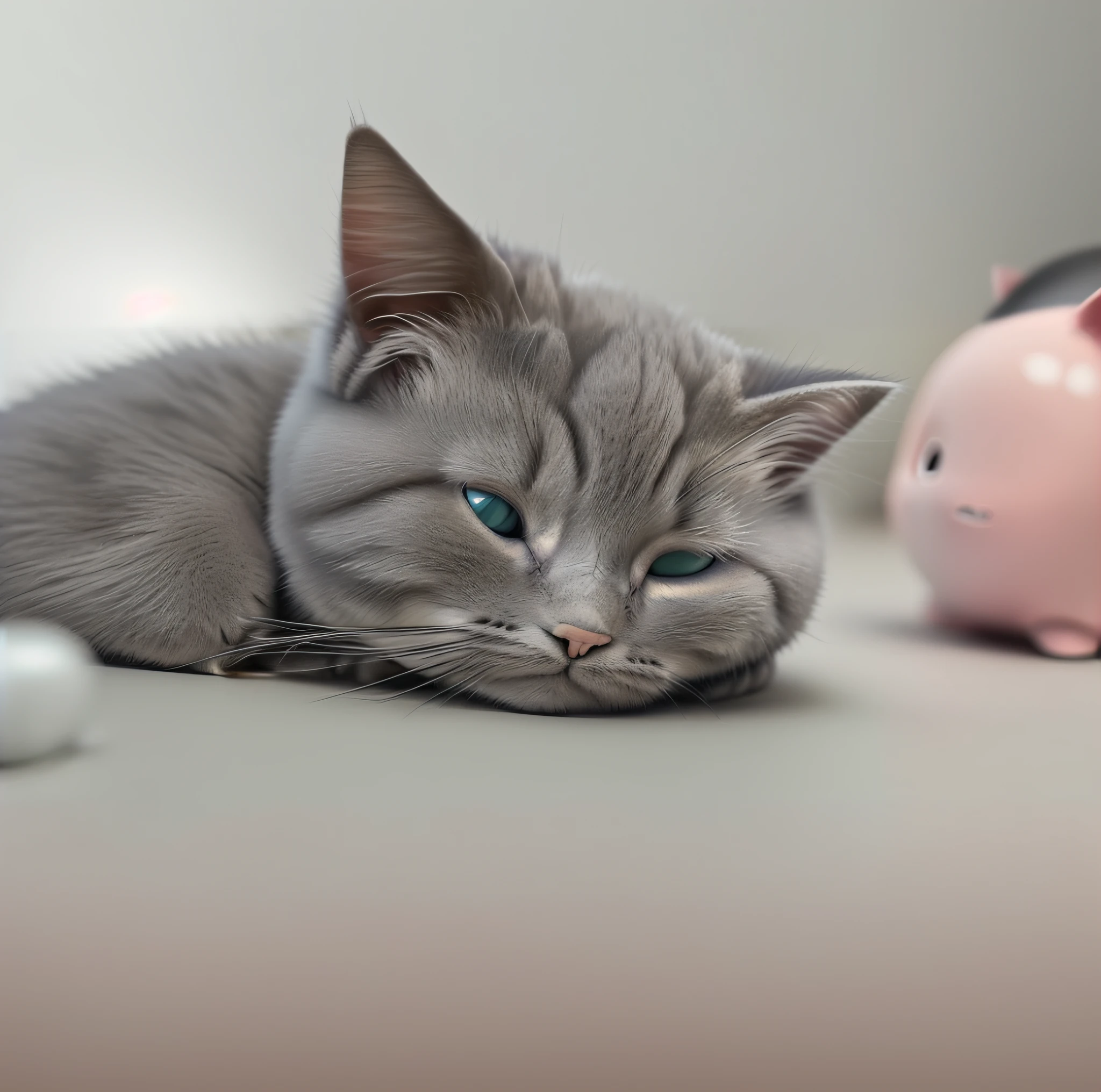 there is a cat that is laying down next to a piggy bank, cat. digital painting, sad cat, denoised photorealistic render, soft 3d render, adorable digital painting, ultrarealistic illustration, ultra realistic illustration, realistic illustration, photorealistic illustration, cute 3 d render, realistic anime cat, hyper realistic render, ultra realistic picture, photorealistic picture