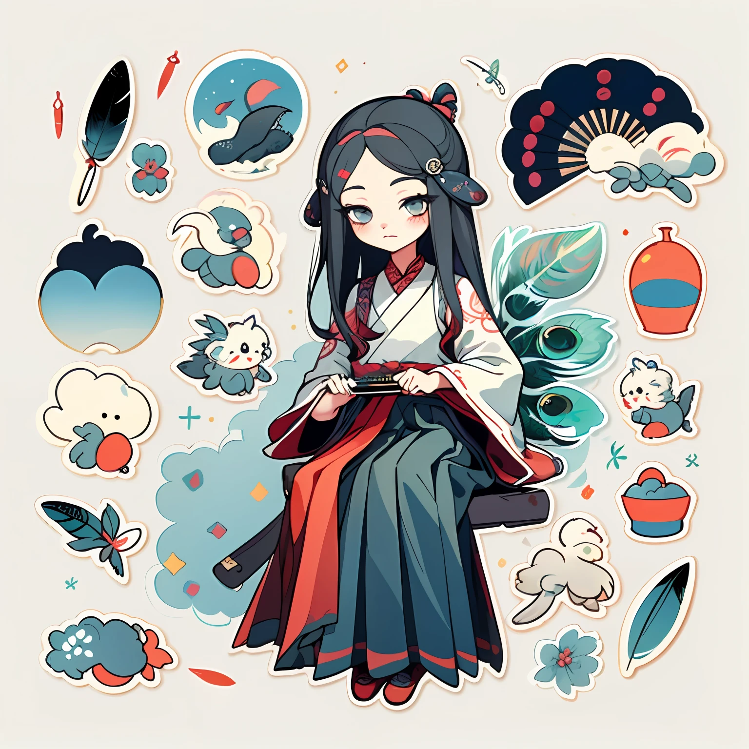 1 sticker, handbook, (sticker, 1 girl, Chinese Ming dynasty clothes, gorgeous collar top, pleated long skirt, hanfu, embroidery, peacock, hairpin, folding fan, feather, parts split), watercolor, white background, simple background, minimal, cute, tiny, pastel color, vector style, no gradient,