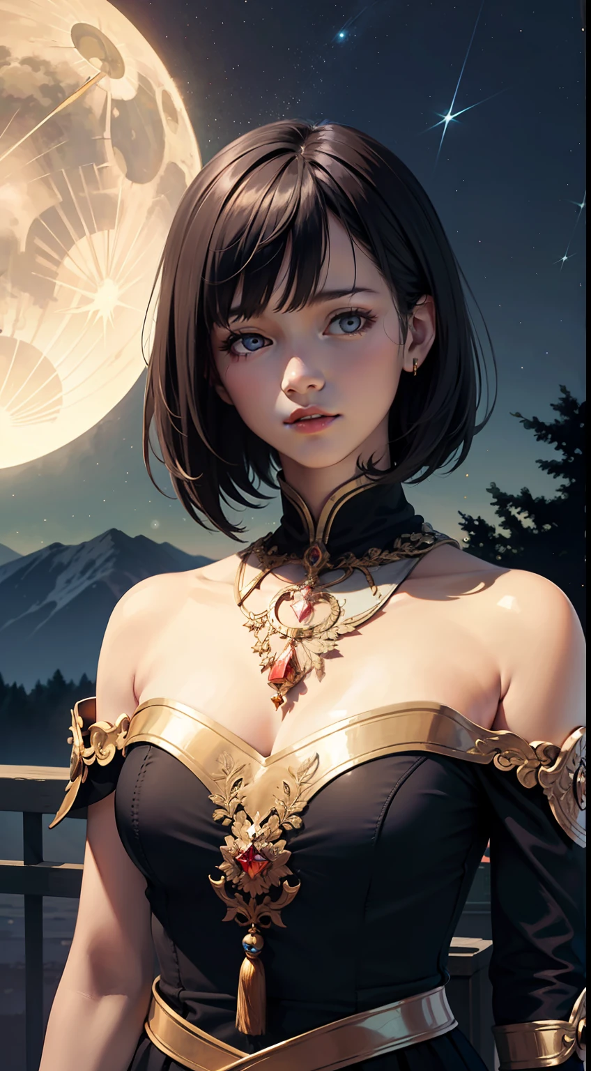 8K,(original),(very detailed wallpaper),(best quality),(masterpiece), photographic reality, realistic, very detailed illustrations, best illumination, best shadow, an extremely delicate and beautiful, Epic Light and Shadow, panorama, very wide shot,
night, Moonlight, On the top of the castle, Starry sky, Palace, Mountain, Tree, Wind, Tassel, Silk sling, Silk bloomers pull, Bare shoulder type, Put hand on the other arm,
1girl, beautiful detailed eyes, perfect face, short hair, streaked hair, crystal ornament, train (clothing),