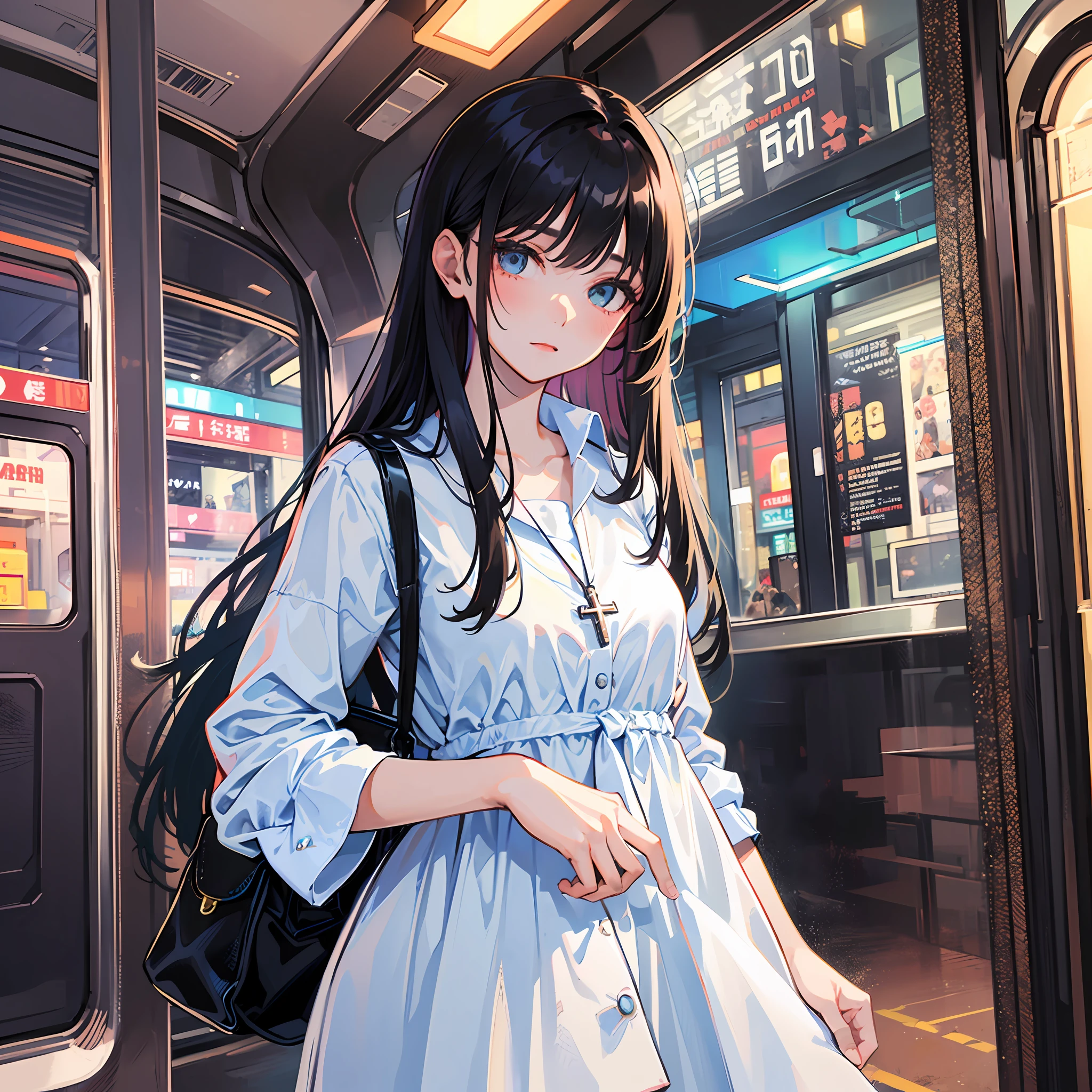 A girl, light blue shirt dress, (white cross-body bag: 1.4), long black hair, flush bangs, (night bus: 1.4), deserted, no one
