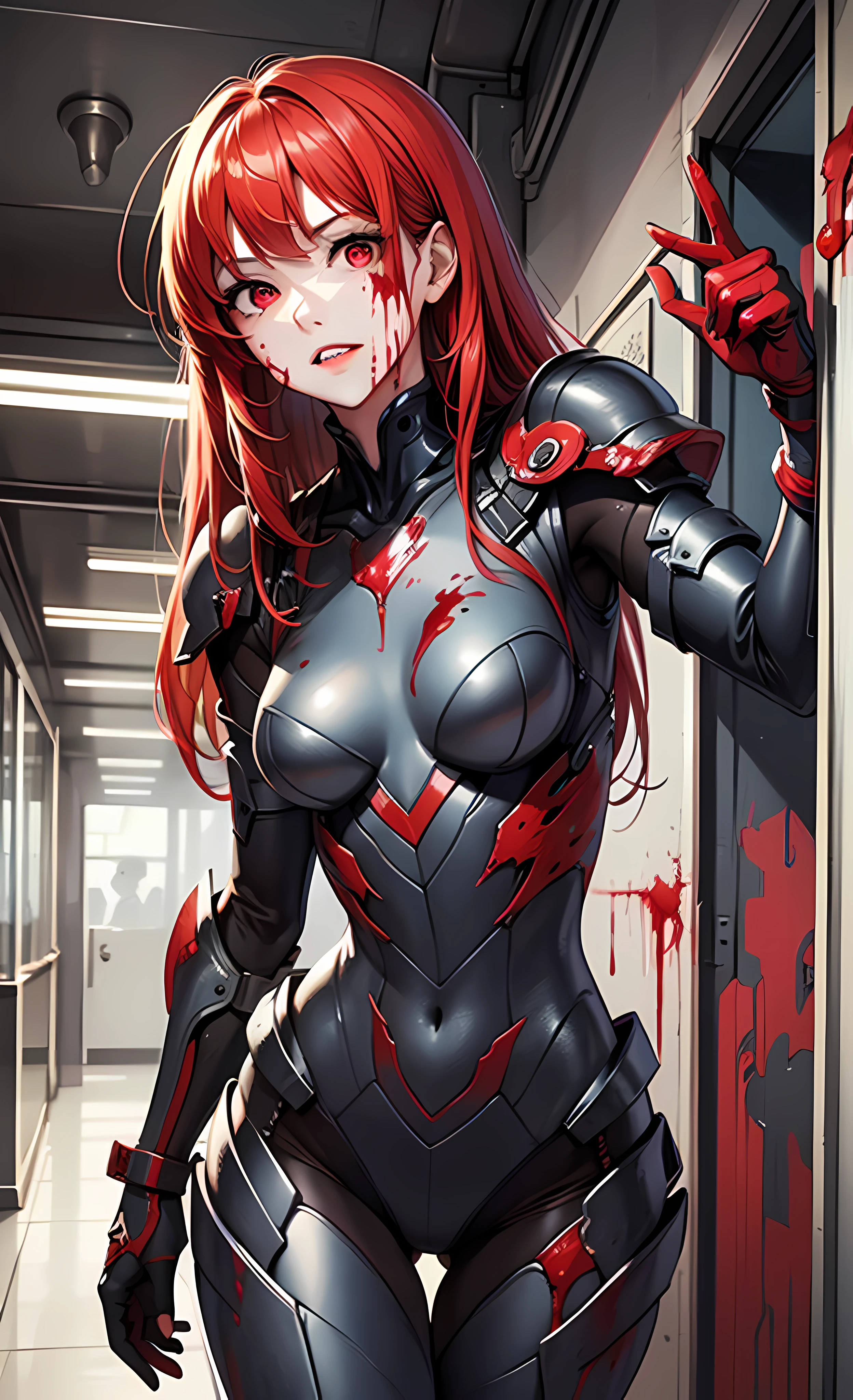 (Masterpiece), (wearing biofusion armor), upper body poster, super detailed facial expressions, ultra-clear face, like crystal version of beautiful eyes, holding a laser giant axe, behind the slain monster, best quality, 1 girl, pale skin, red hair, messy hair, red eyes, glowing eyes, creepy, blood on face, blood on clothes, walking, falling, hanging arm, loose arm, mental hospital, corridor, darkness, lighting, creepy, scary, flashing lights, blood, horror, dim light,